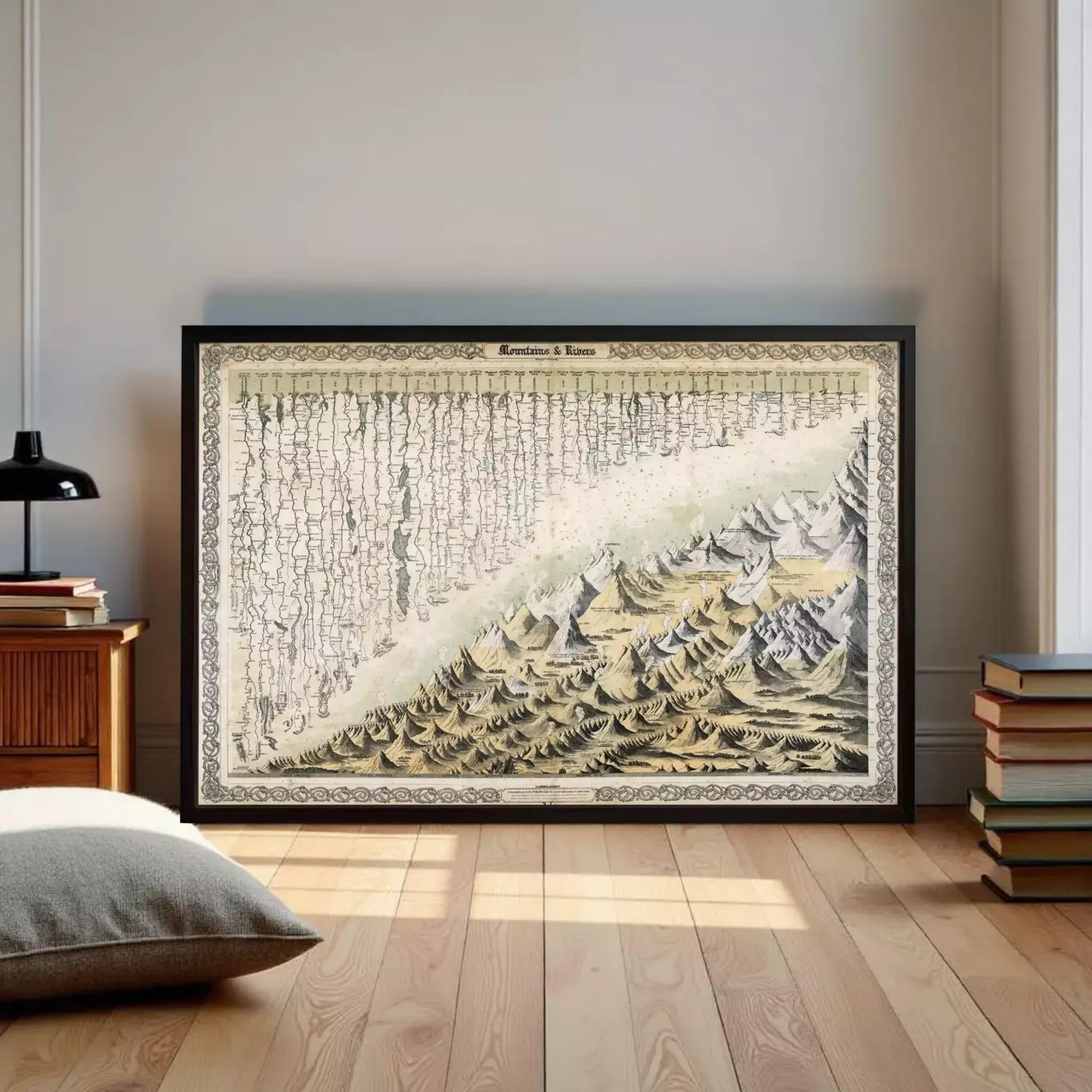 The image is a framed painting depicting a mountainous landscape with a snowy, wintry scene.