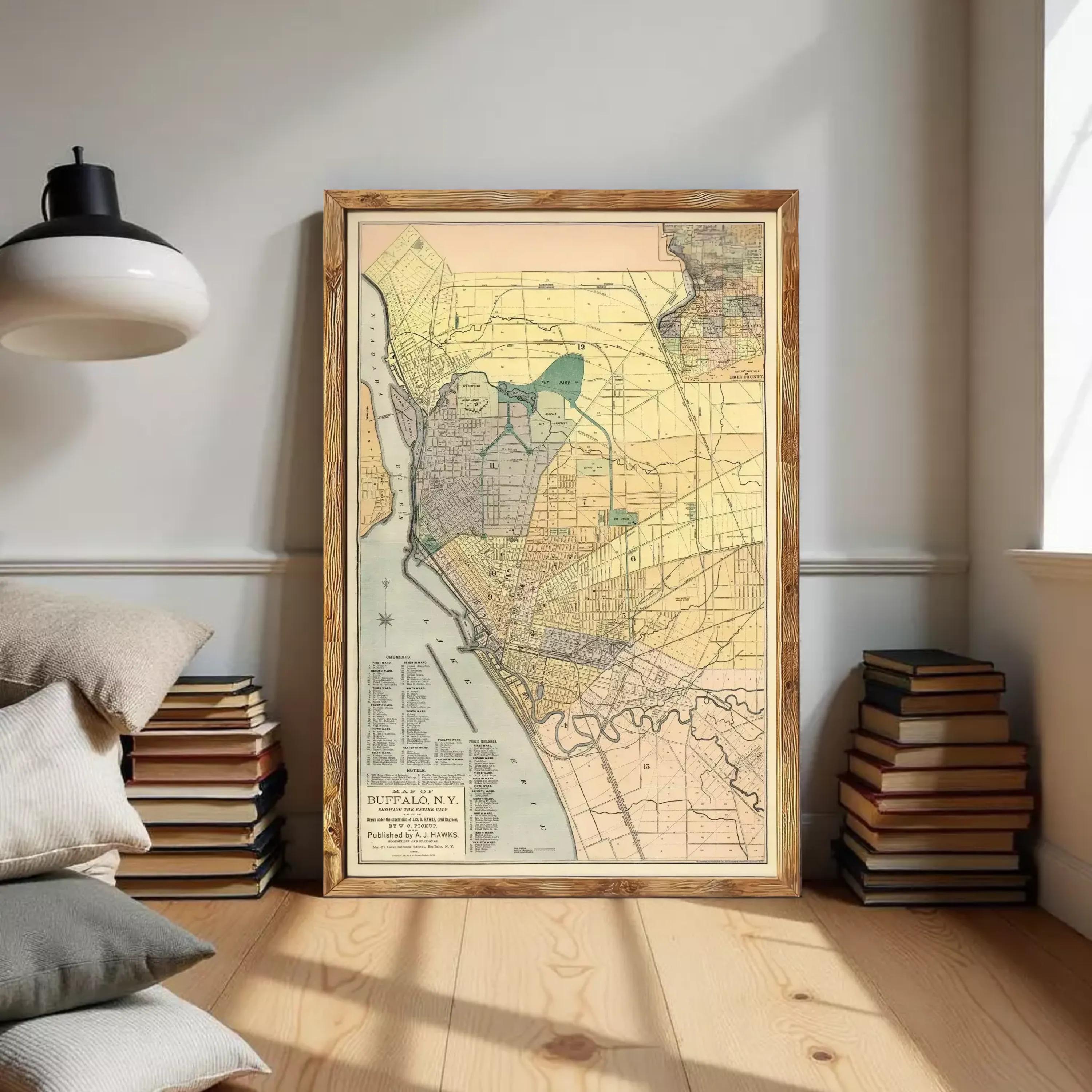 The image is a framed vintage map of the city of Buffalo, New York, depicting the city's layout and surrounding areas.