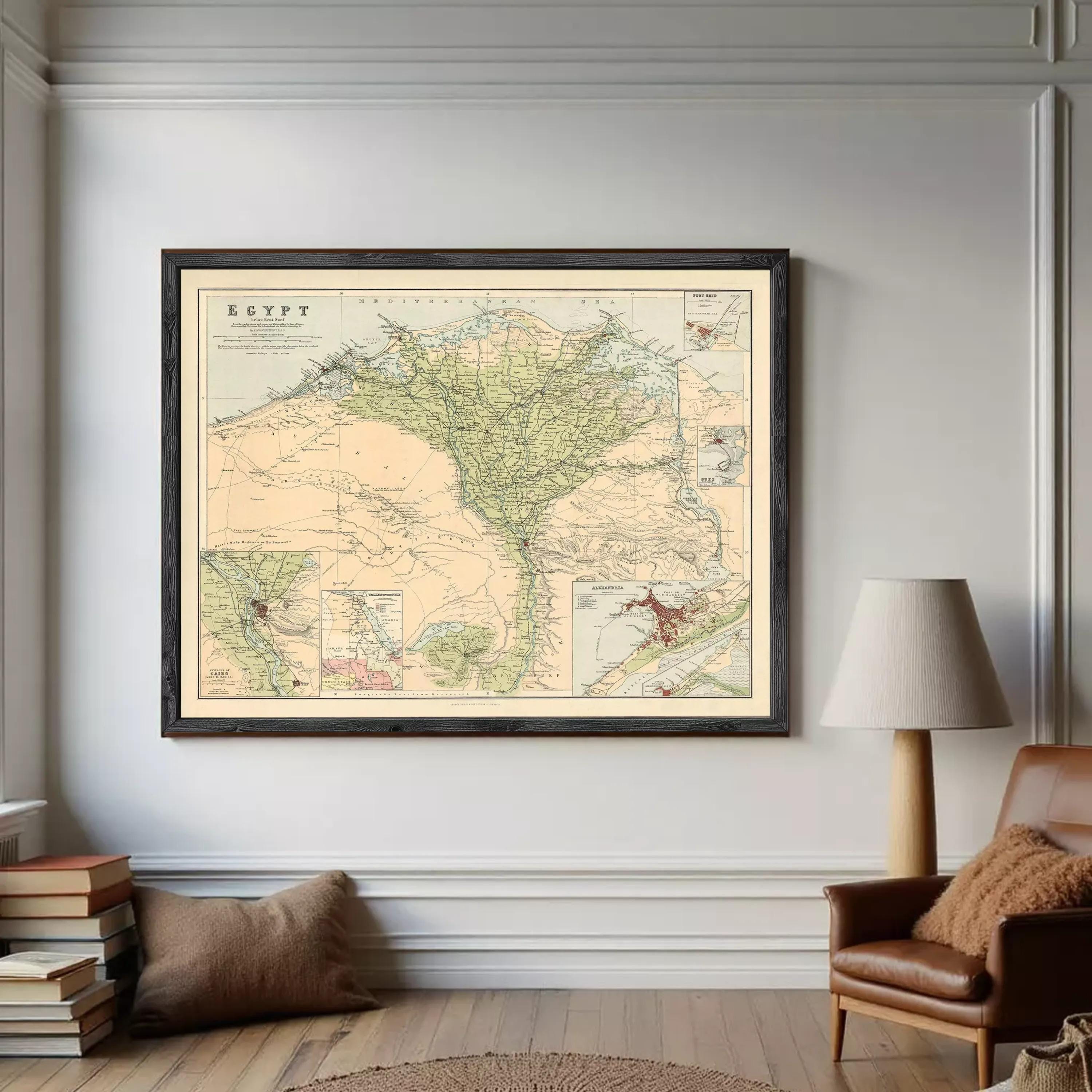 The image is a framed vintage map of Egypt, depicting the country's geographical layout and surrounding areas.