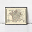 The image is a framed vintage map of France, depicting the country's geographical layout and major cities.