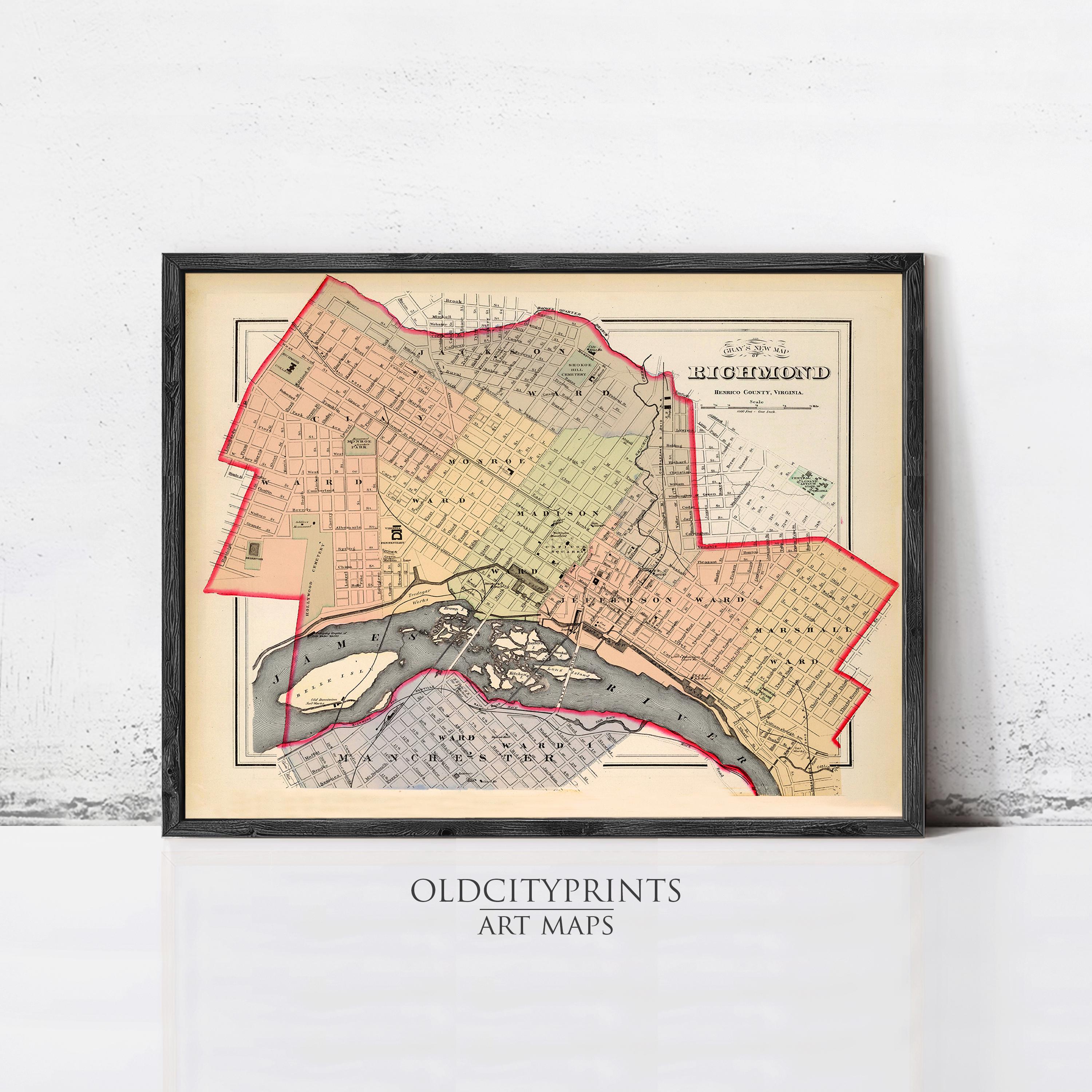 The image is a framed vintage map of a city, likely from the late 19th century, with a focus on the downtown area.