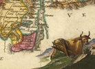 The image is a detailed map of South America, featuring a large brown cow in the foreground. The map is colorful and includes various geographical elements such as mountains, rivers, and countries.