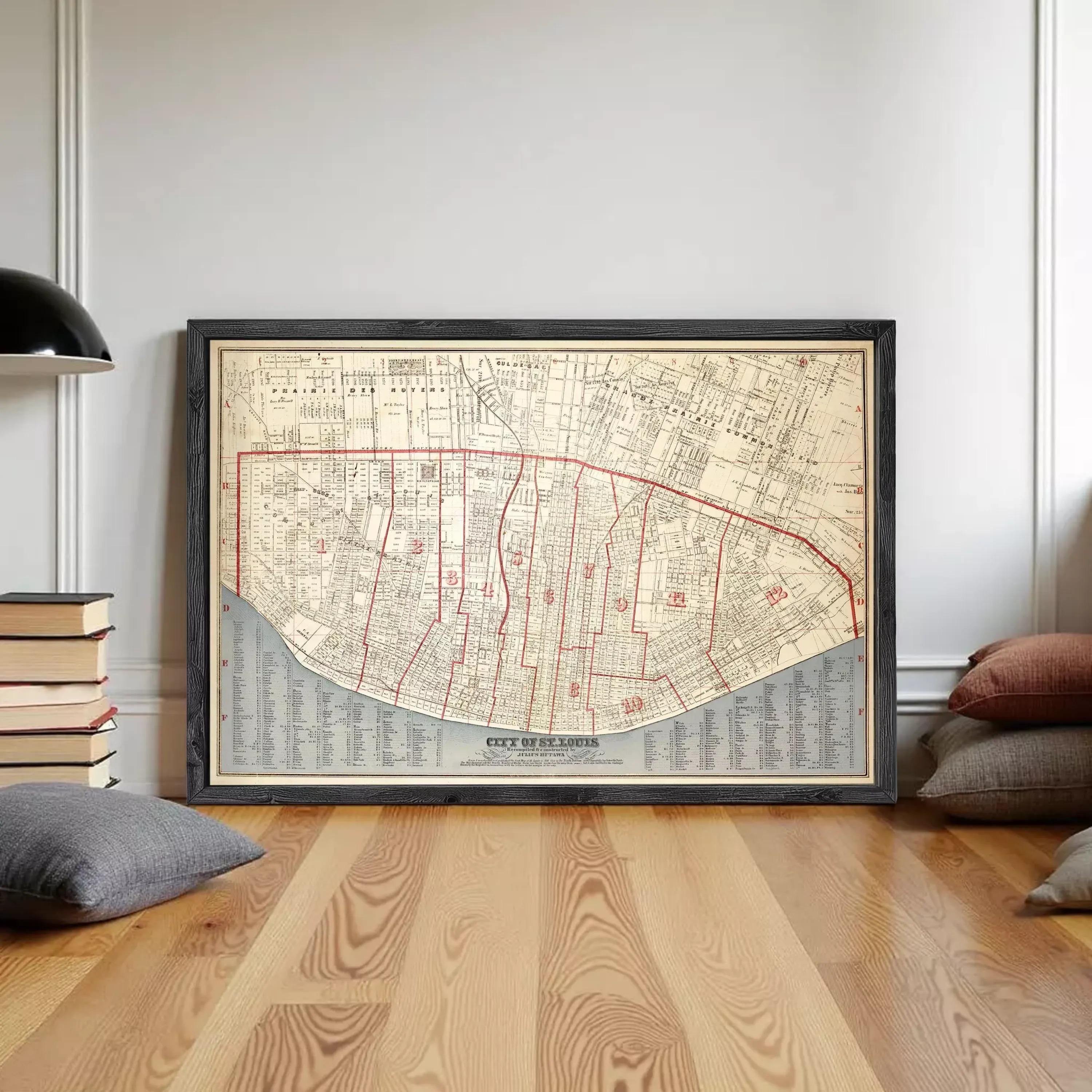 The image is a framed map of a city, likely New Orleans, with a detailed layout of streets, landmarks, and other geographical features.