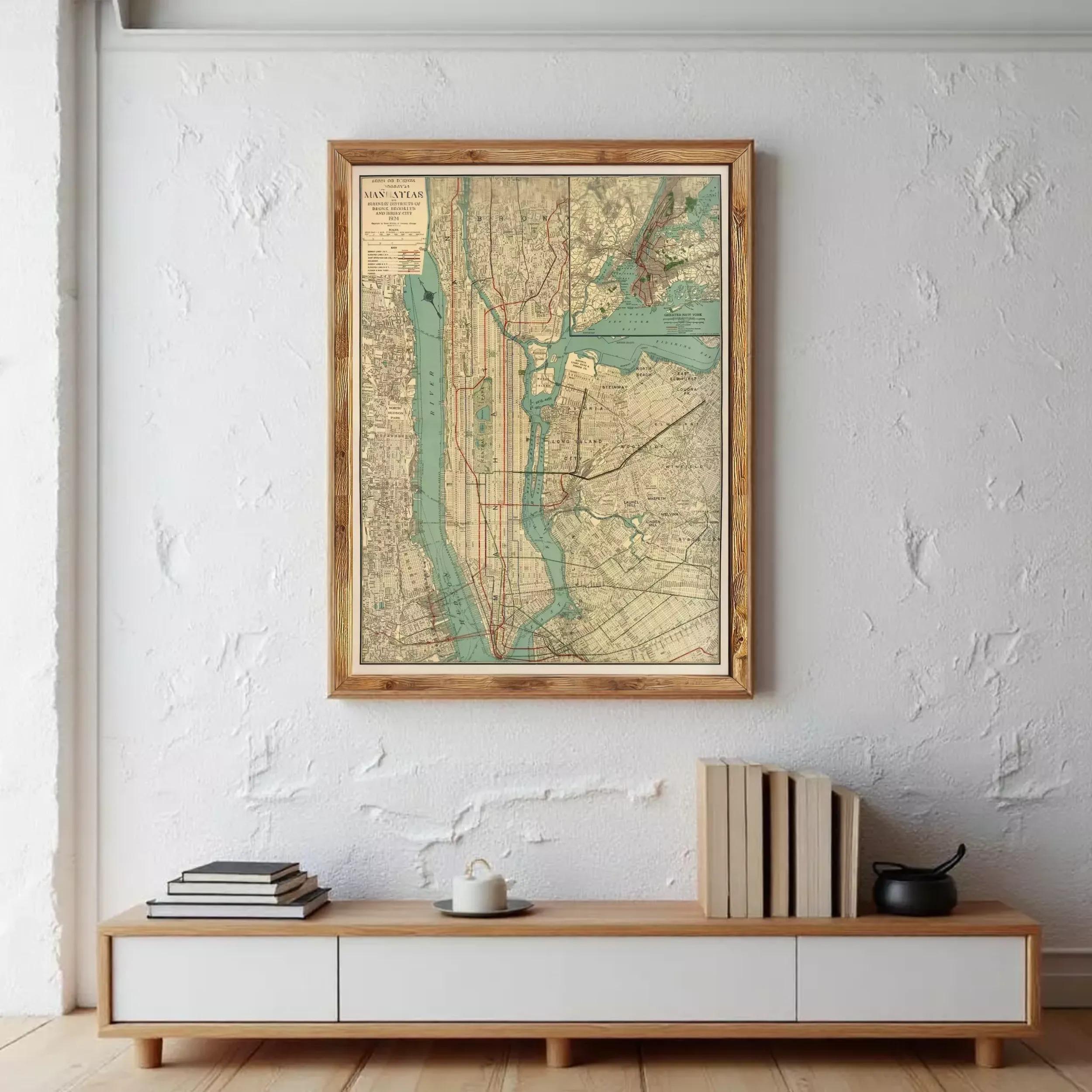 a framed vintage map of New York City hanging on a white wall above a wooden entertainment center with a stack of books and a teapot on top.