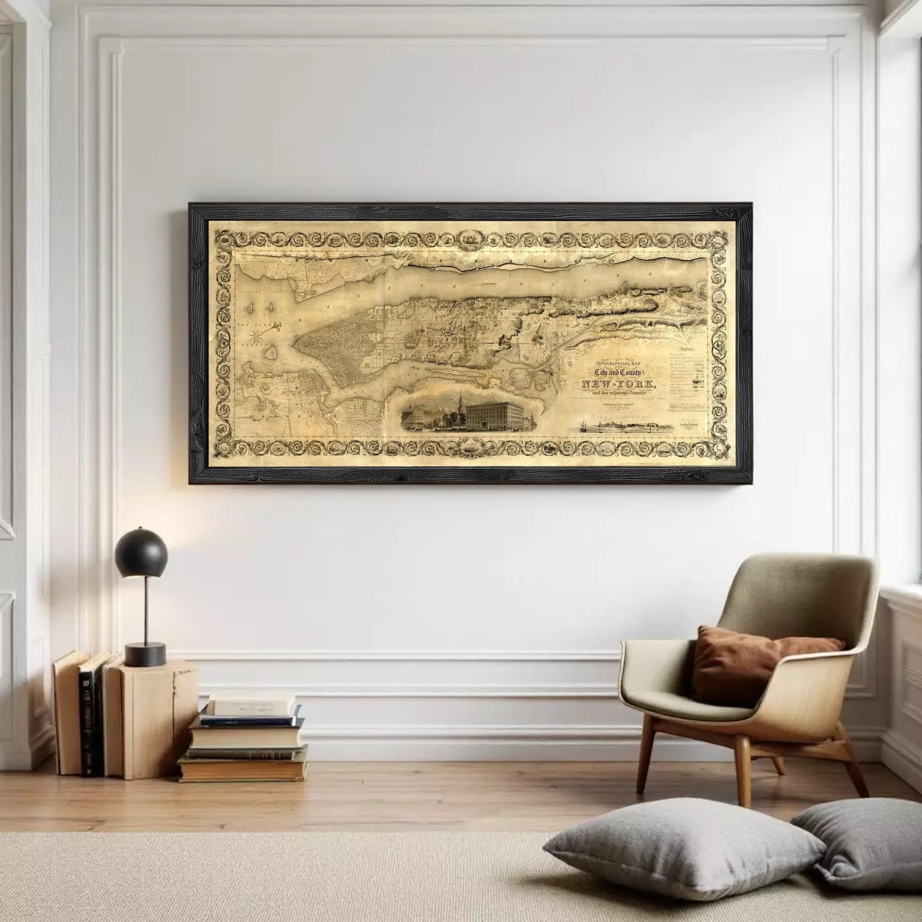 The image is a framed antique map of New York, depicting a detailed layout of the city.