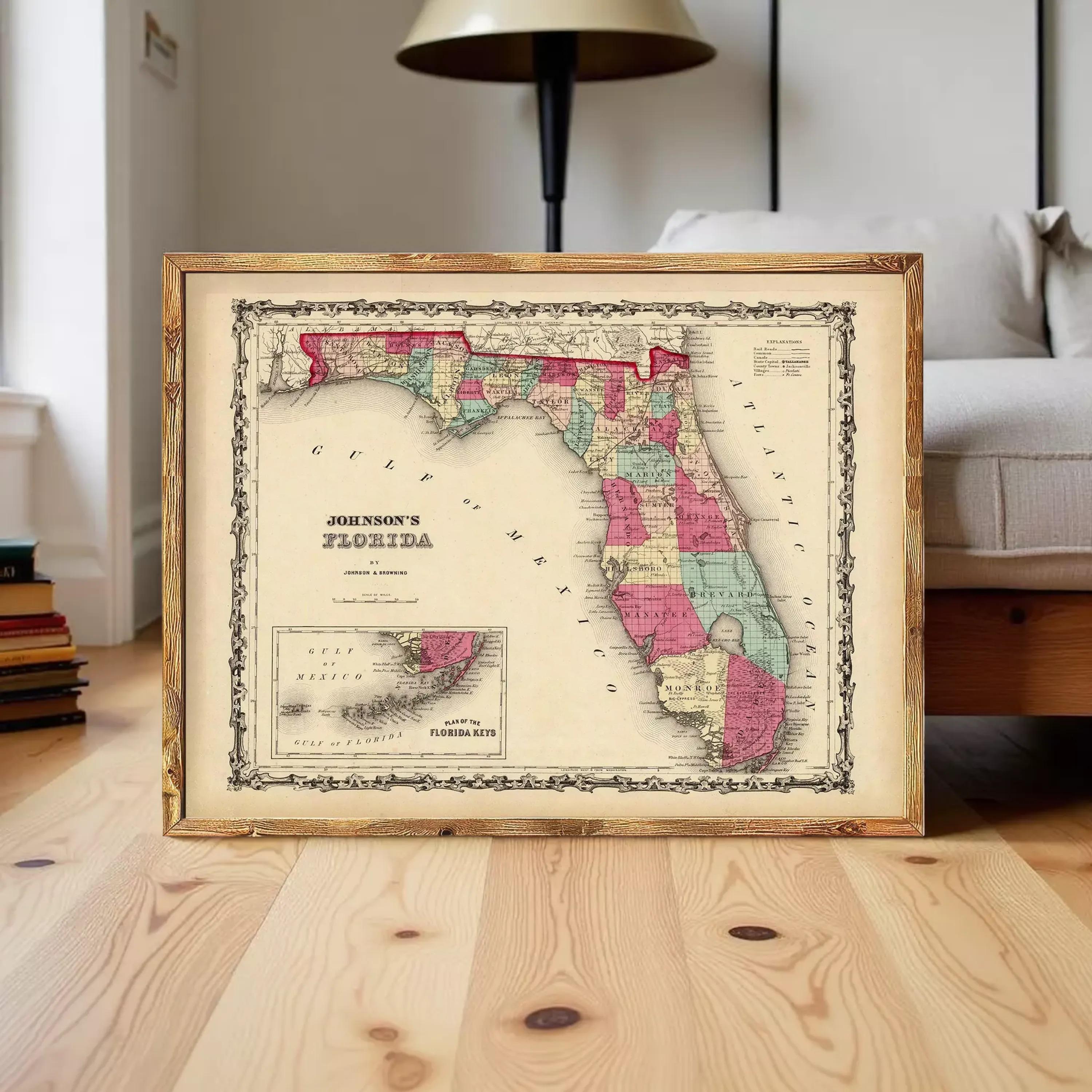 A framed vintage map of Florida from the year 1855, depicting the state's geographical layout and boundaries.