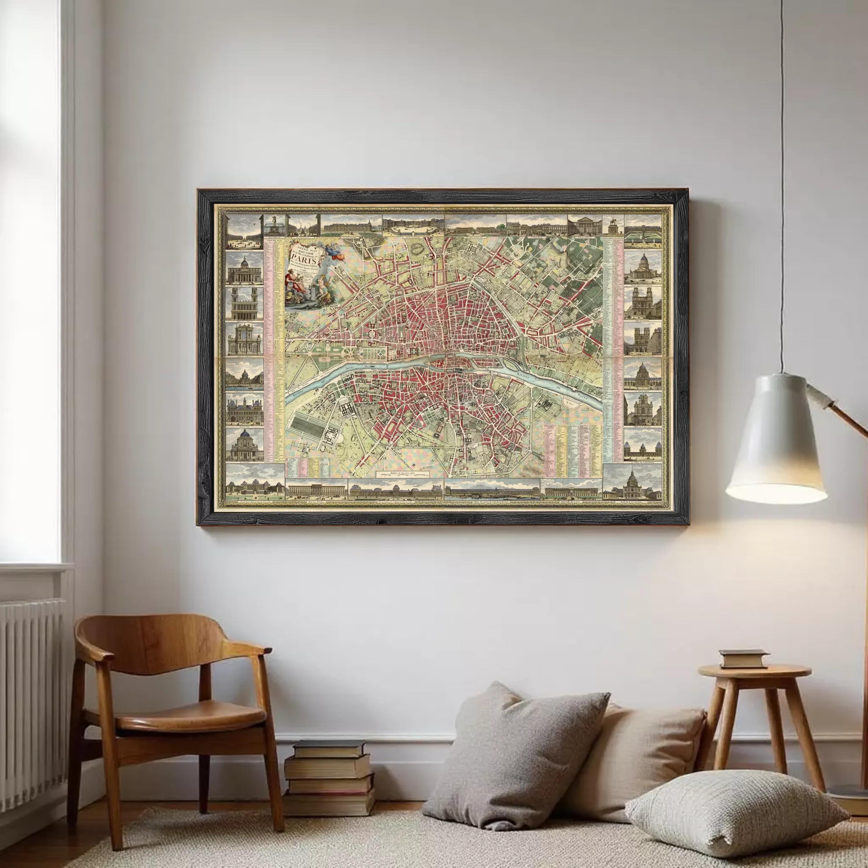The image is a framed vintage map of Paris, France, depicting the city's streets and landmarks.