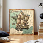 The image is a framed vintage map of Europe, featuring a large sailing ship as the central focus.