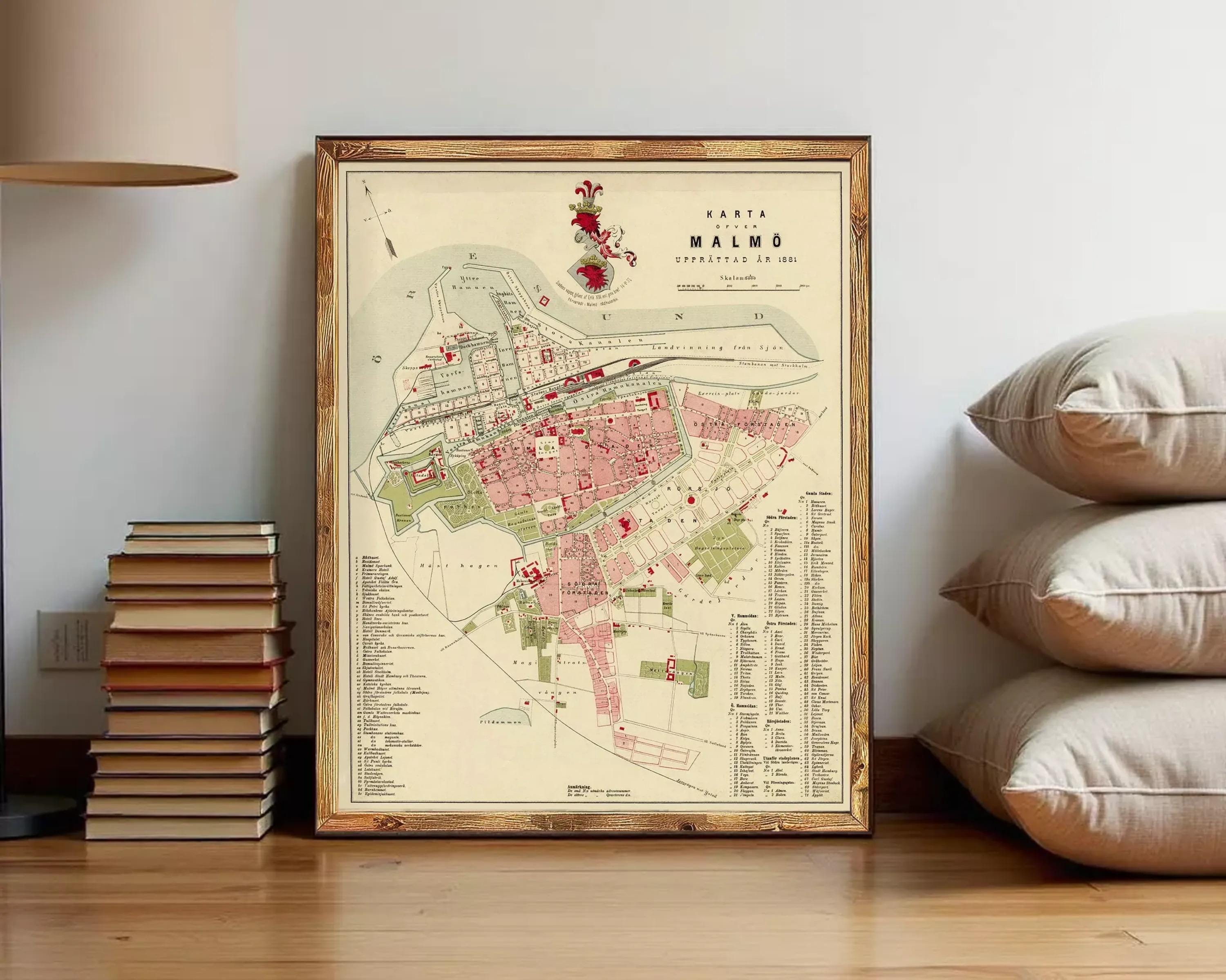 The image is a framed map of the city of Malmö, Sweden, showing the layout of the city and surrounding areas.