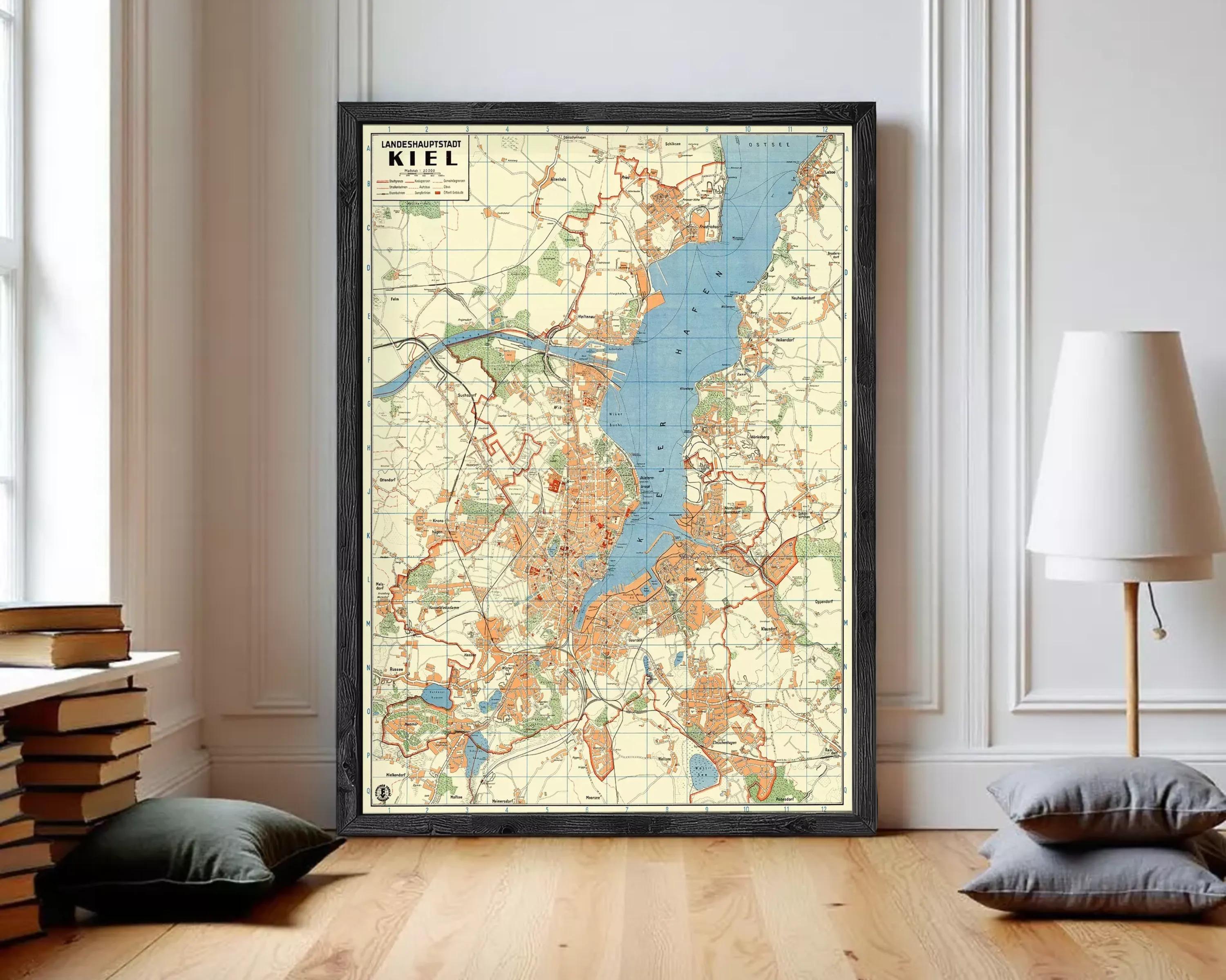The image is a framed map of the city of Kiel, Germany, showing various landmarks and geographical features.