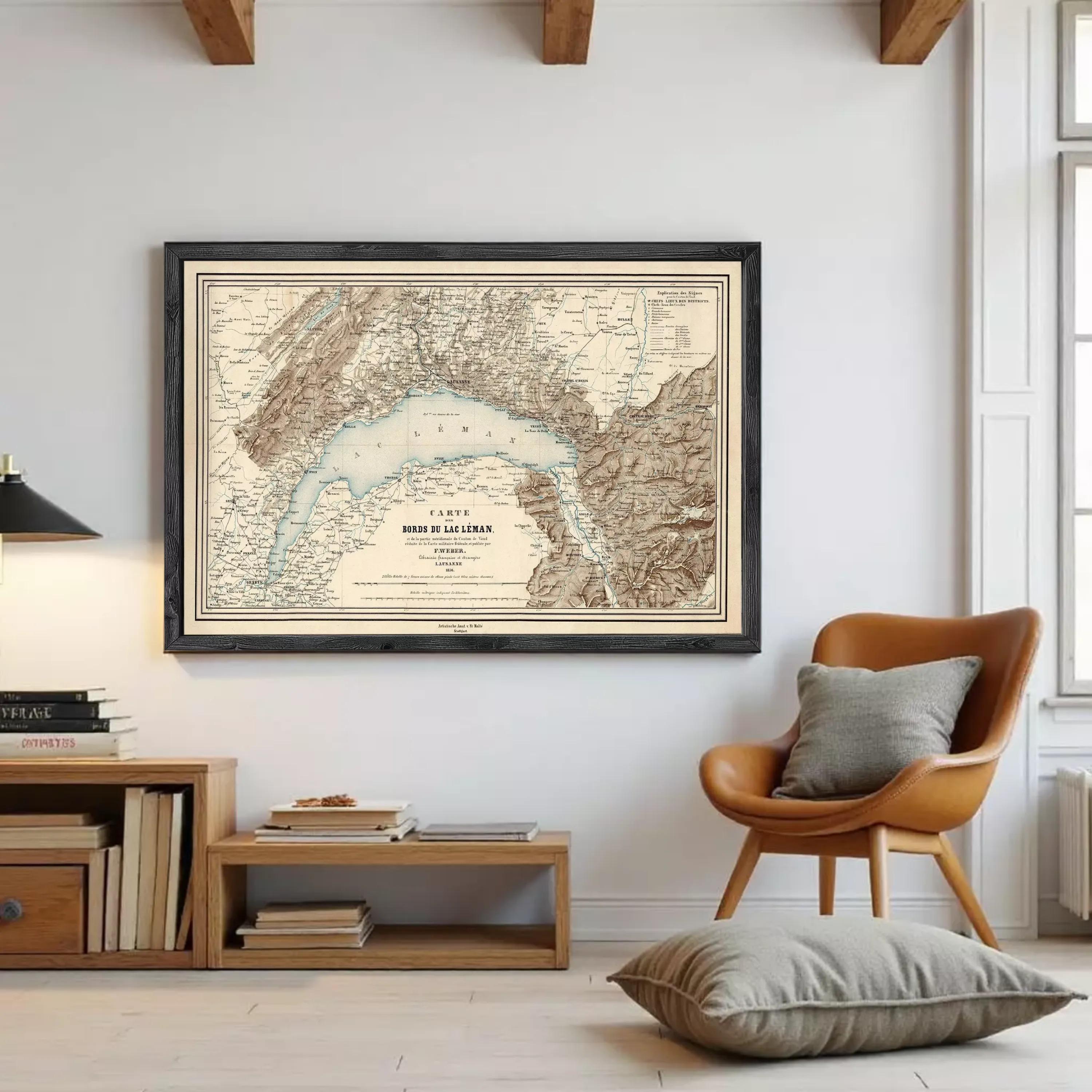 The image is a framed vintage map of the Swiss Alps, depicting the region in a detailed and intricate manner.