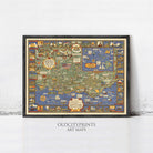 The image is a framed art map of the United States, featuring various landmarks, symbols, and illustrations in a colorful and detailed manner.