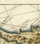 The image is a historical map depicting geographical features and coastlines, including mountains, rivers, and coastlines.