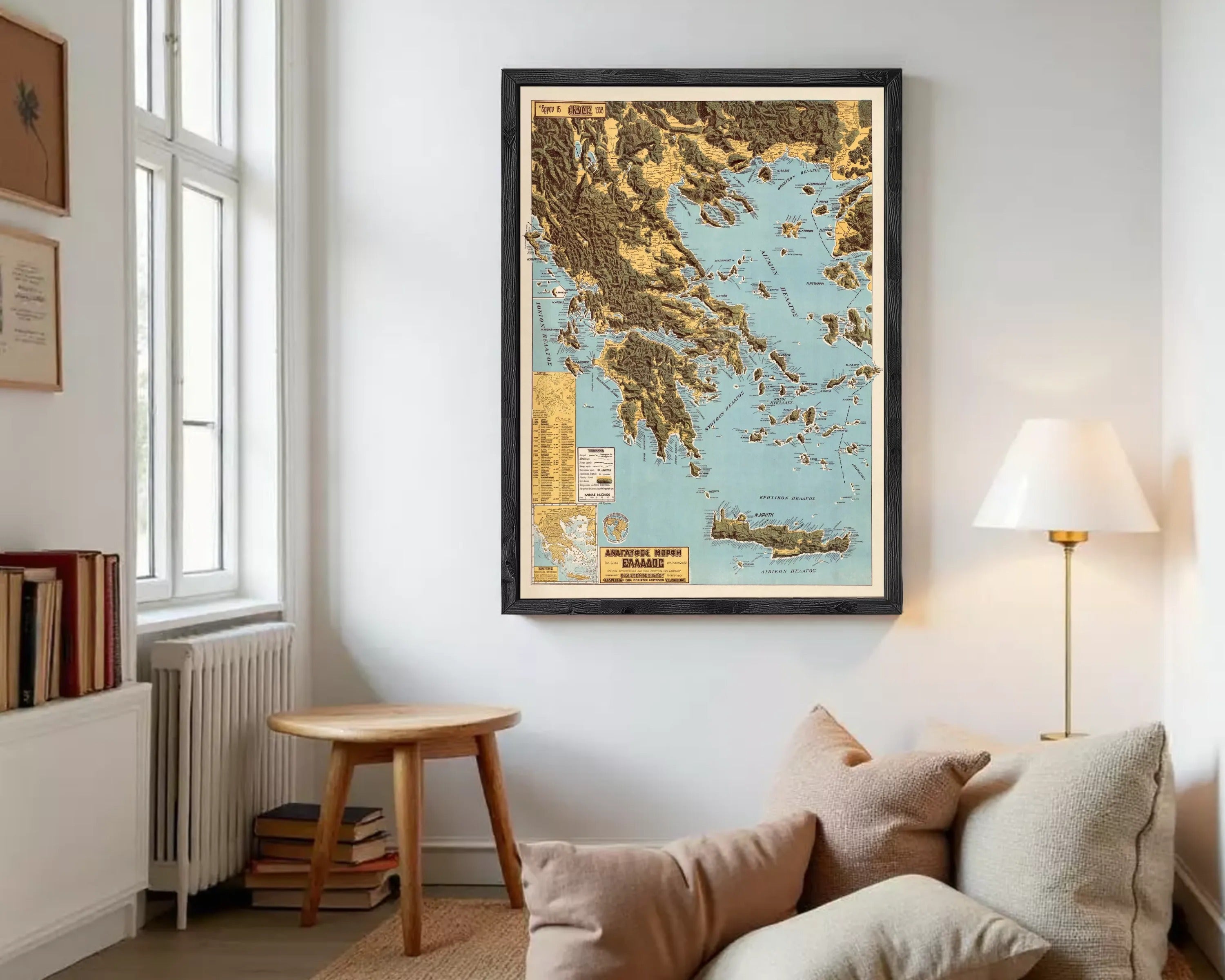 The image is a framed map of the Greek archipelago, which includes islands and coastal areas.