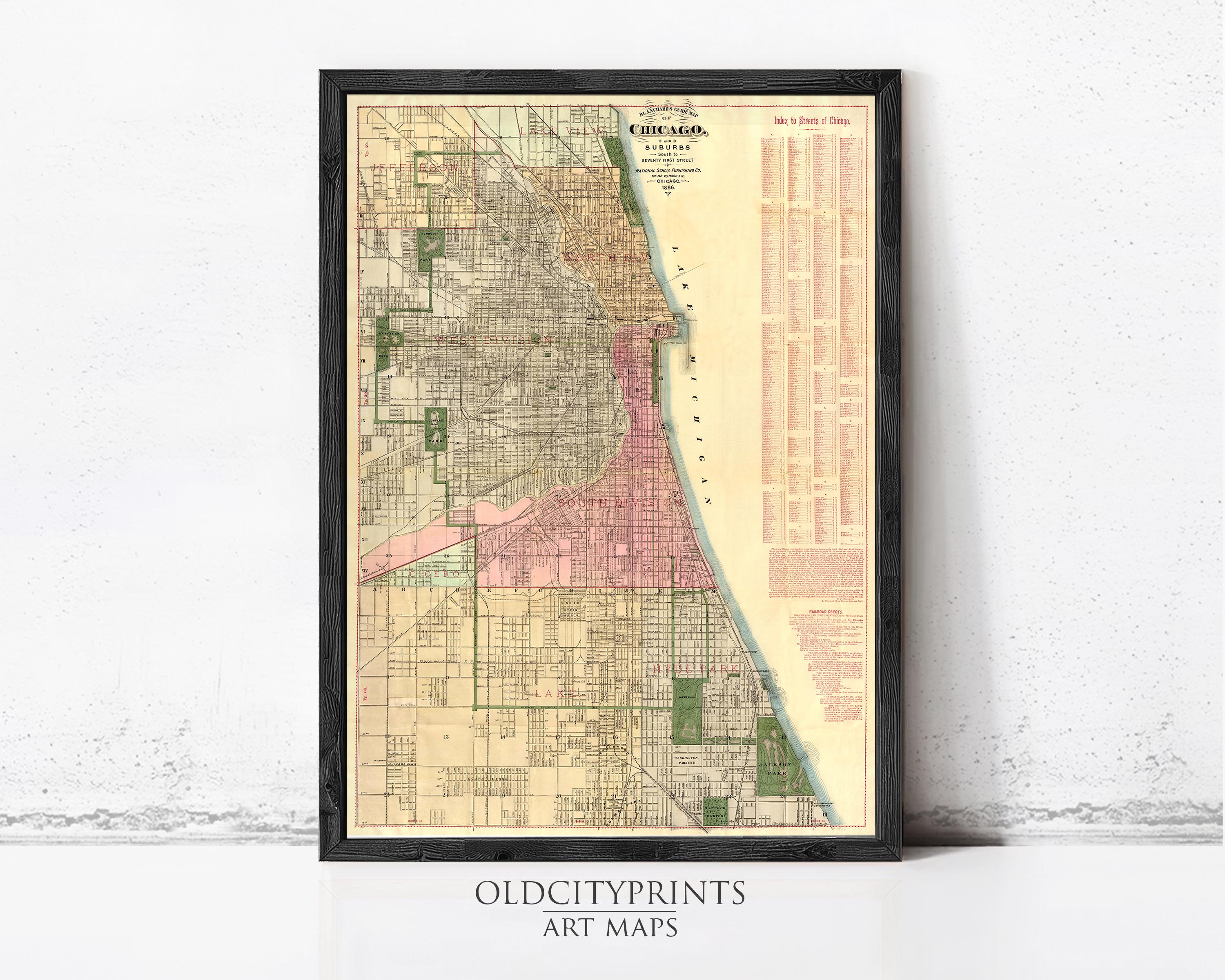 The image is a framed vintage map of Chicago, Illinois, with a focus on the downtown area.