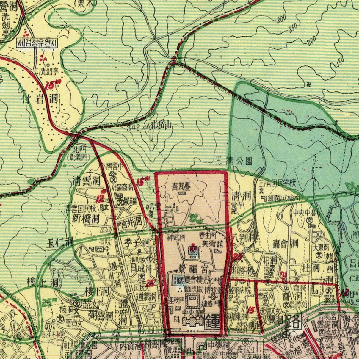 The image is a detailed map of a city, showing various streets, landmarks, and geographical features.