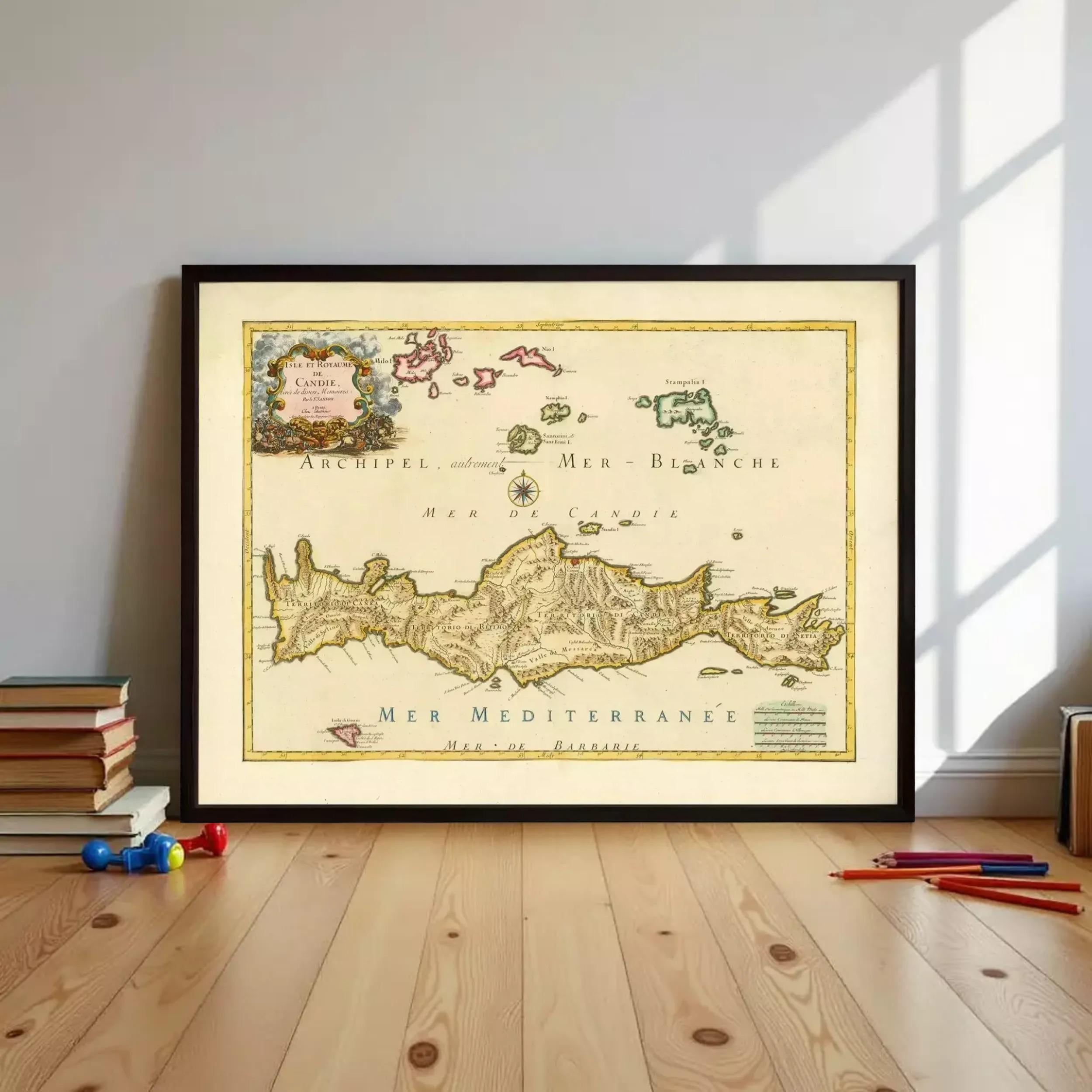 The image is a framed map of the Mediterranean region, depicting the archipelago of the island of Jersey.