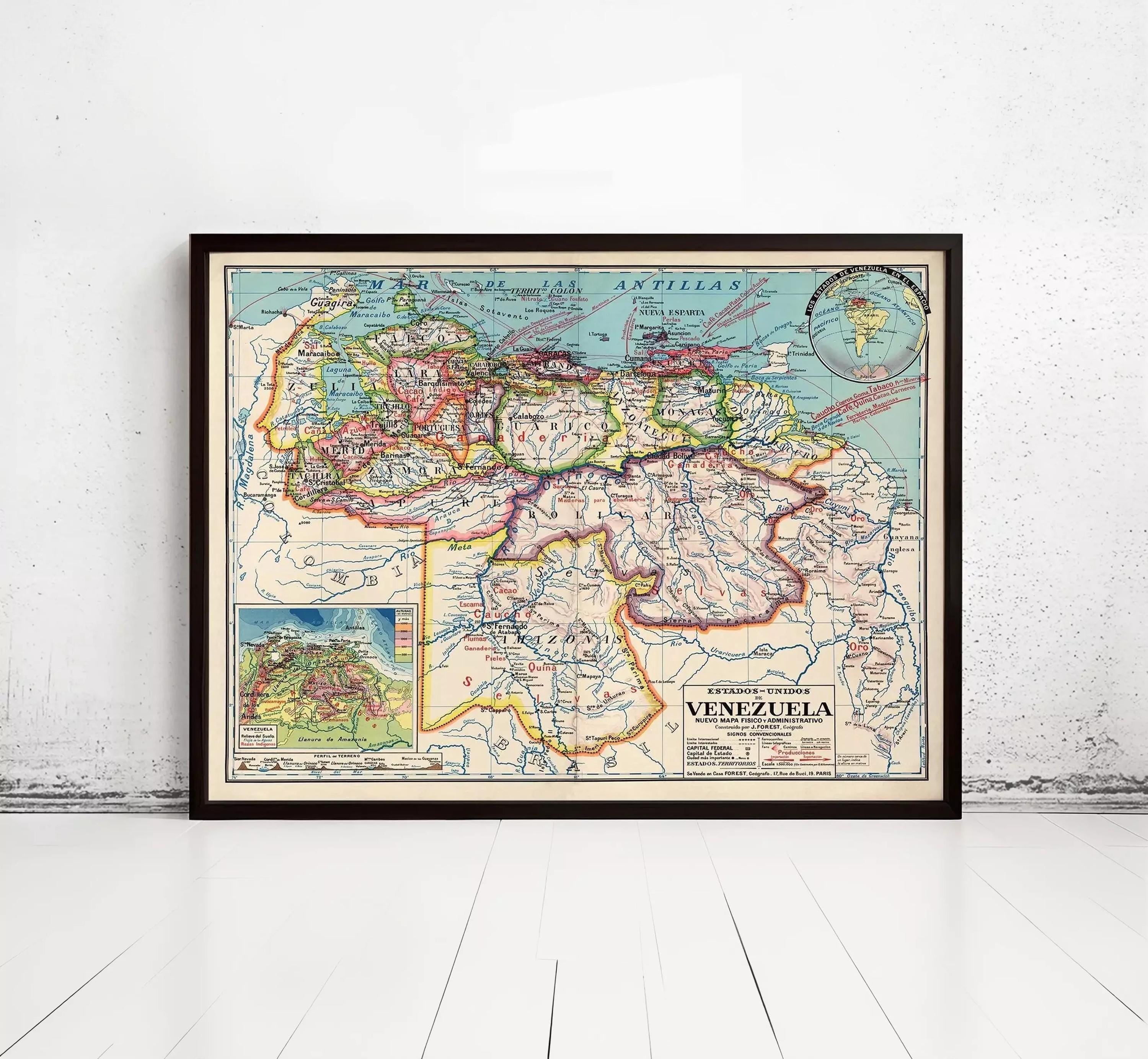 The image is a framed vintage map of Venezuela, depicting the country's geographical layout and surrounding areas.