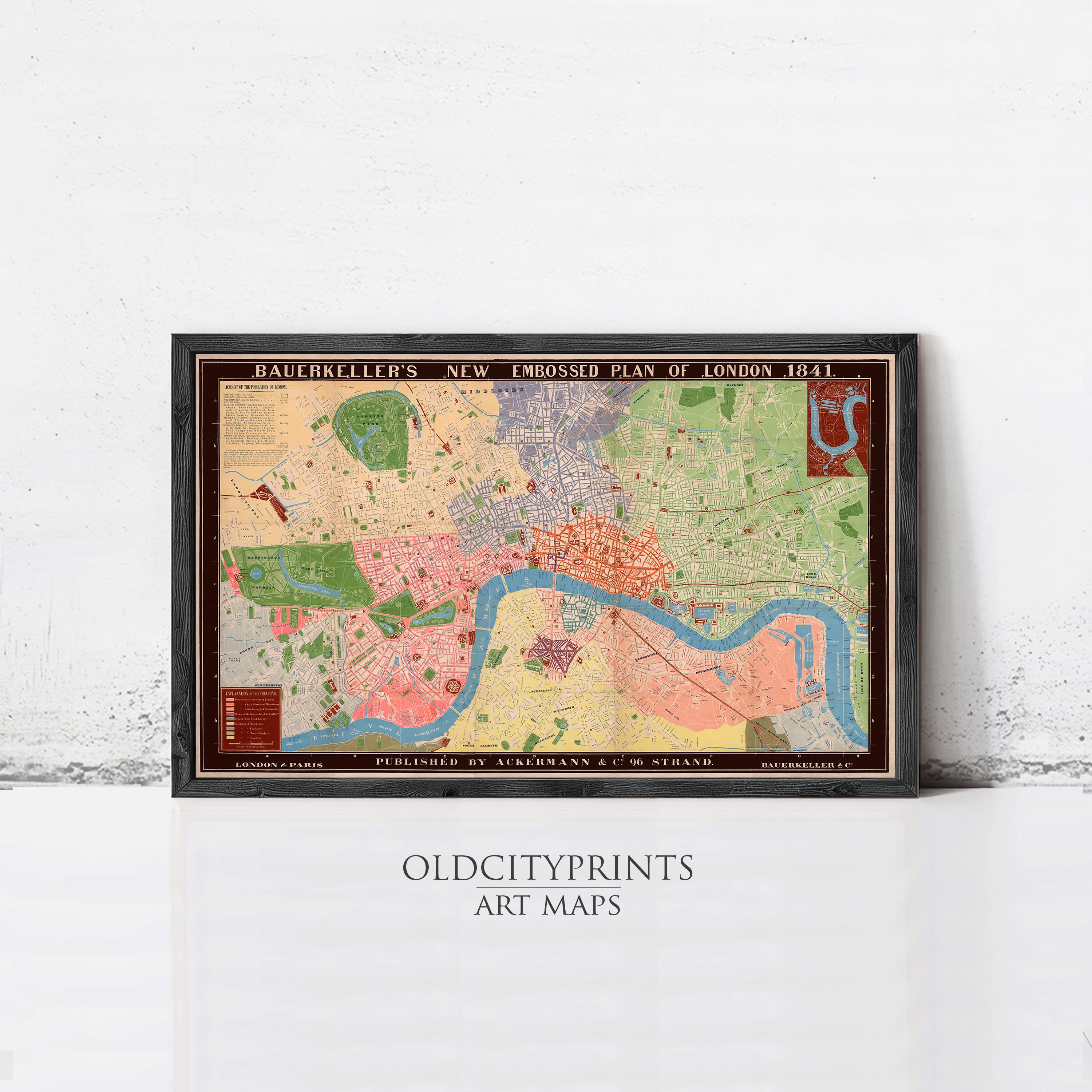 The image is a framed art map of London, England, dated 1841, depicting the city's layout and surrounding areas.
