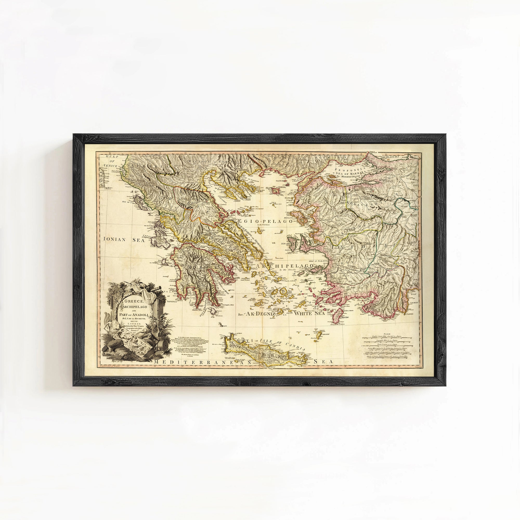 The image is a framed antique map of the Mediterranean region, depicting the Ionian Sea and the Greek islands.