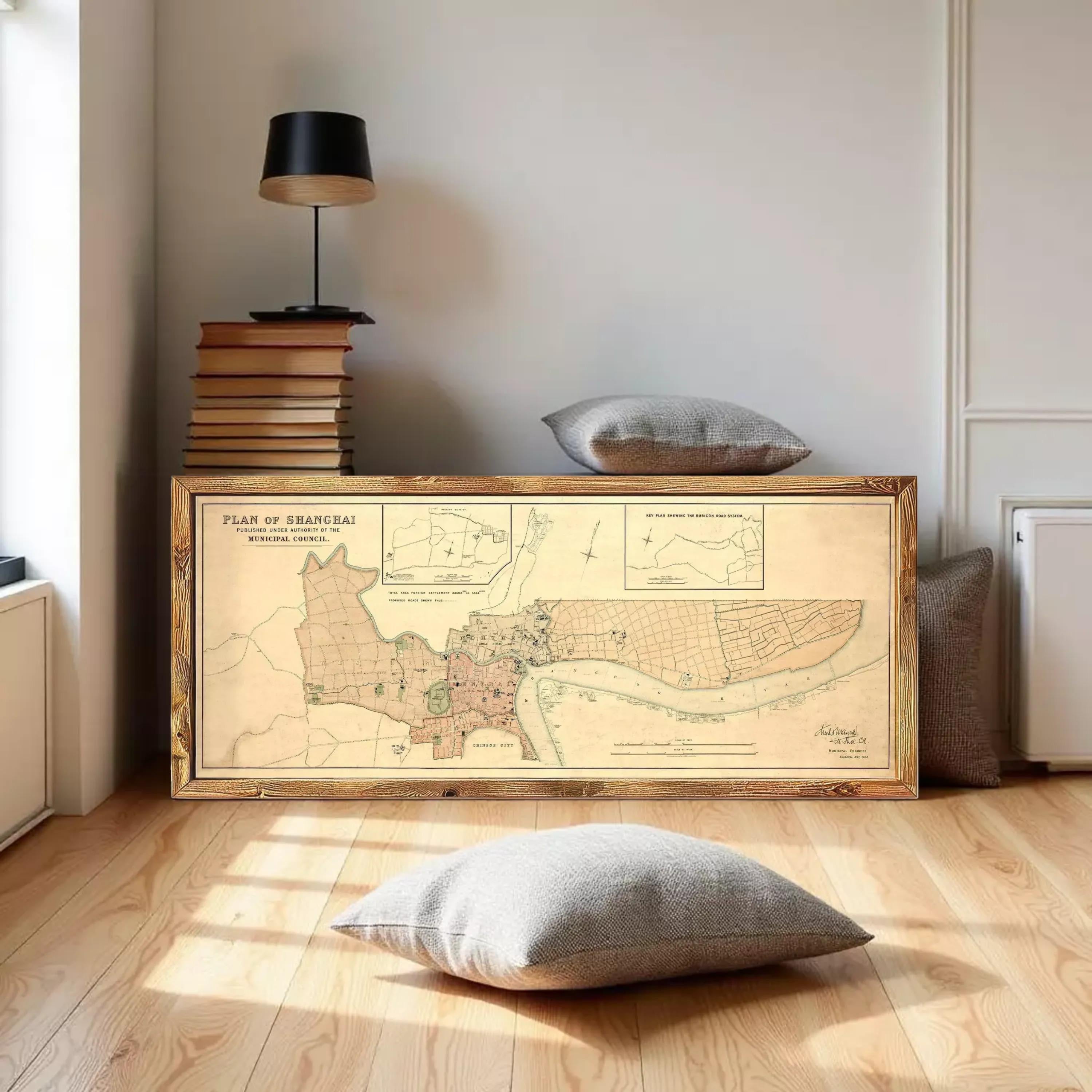 A framed map of Shanghai, China, depicting the municipal boundaries and major geographical features of the city.
