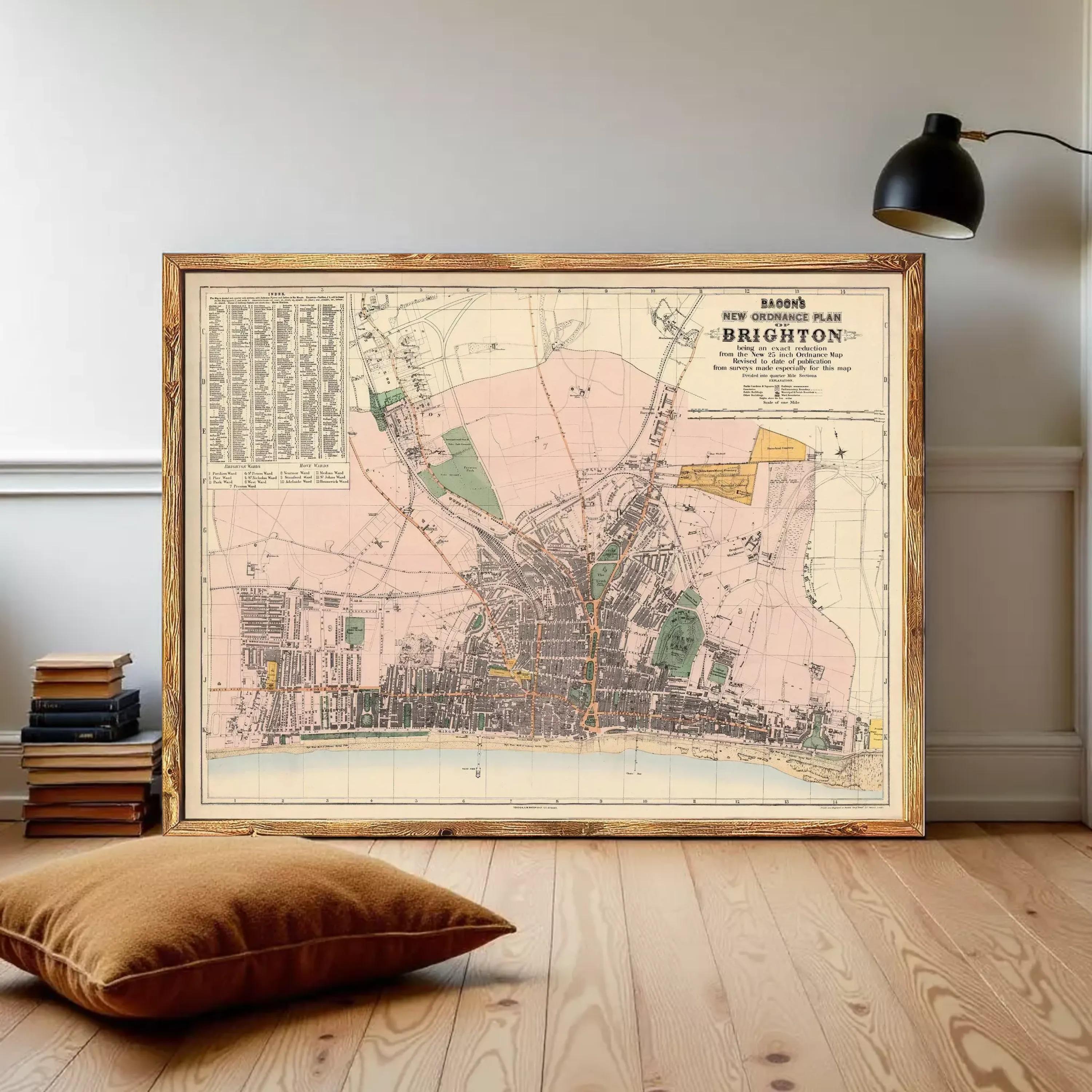 The image is a framed map of Brighton, showing the city's layout and surrounding areas.