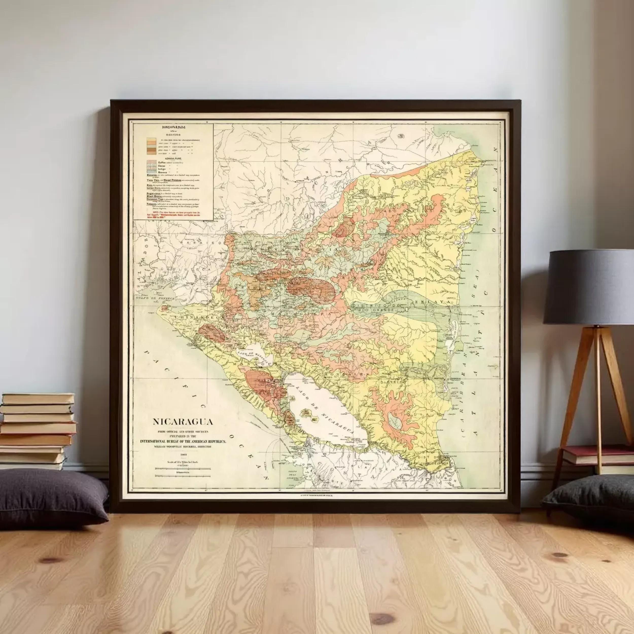 The image is a framed vintage map of Nicaragua, showing the country's geographical layout and boundaries.