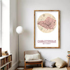 A framed map of Charlotteville, North Carolina, with the city's location and surrounding area marked on it.