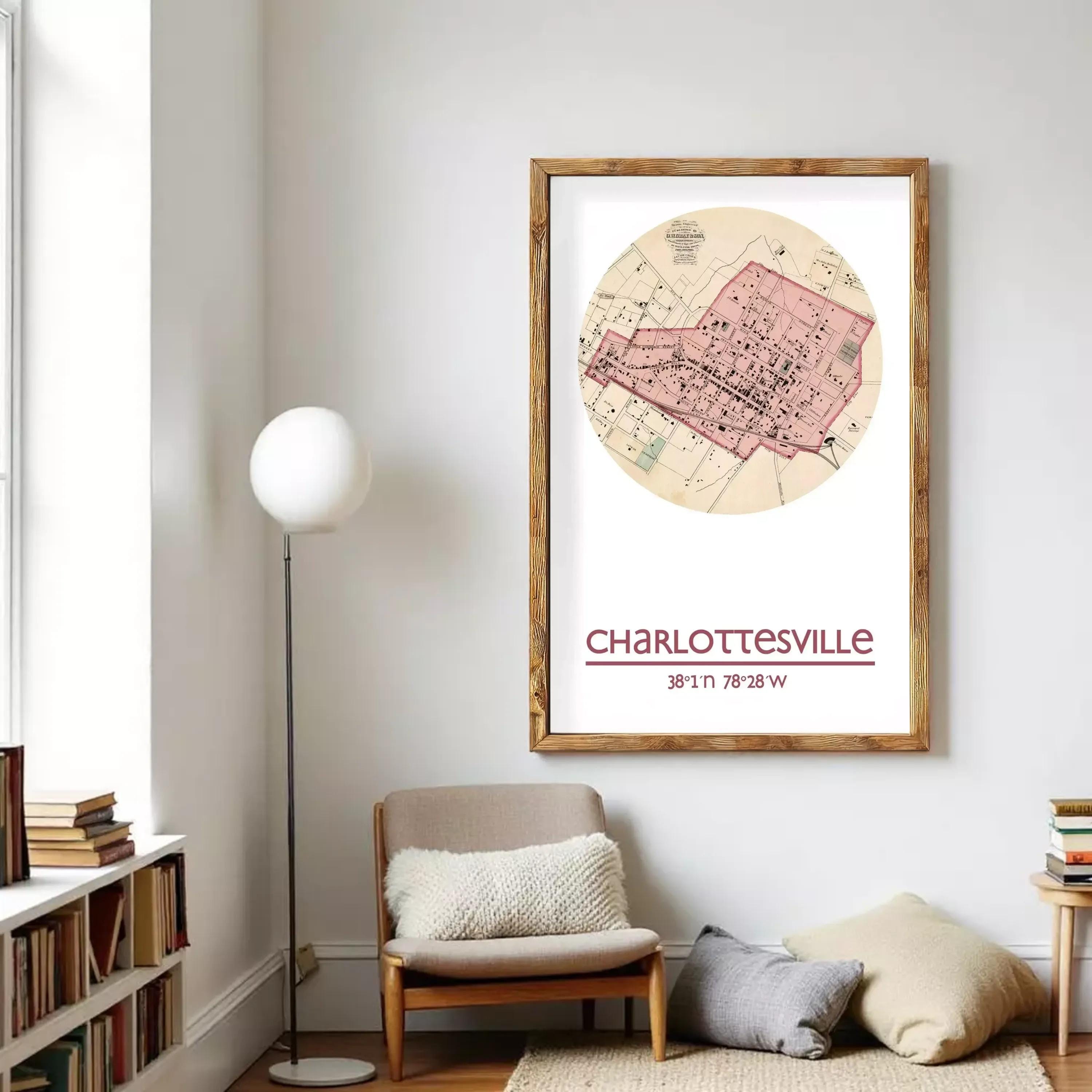 A framed map of Charlotteville, North Carolina, with the city's location and surrounding area marked on it.