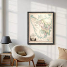 The image is a framed vintage map of the Van Dien's Land, depicting the region in a detailed and colorful manner.