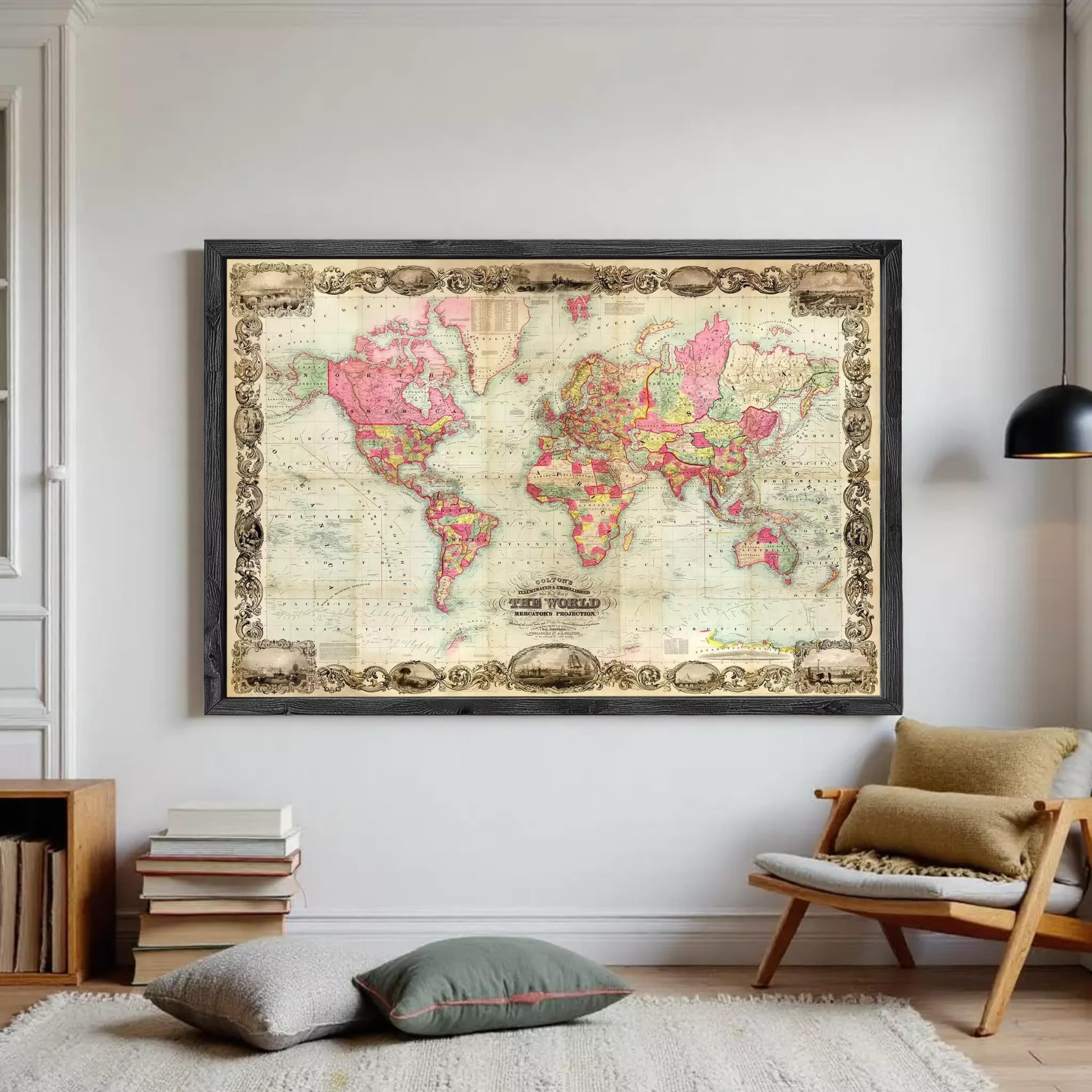 The image is a framed vintage world map with a decorative border, displayed on a white wall.
