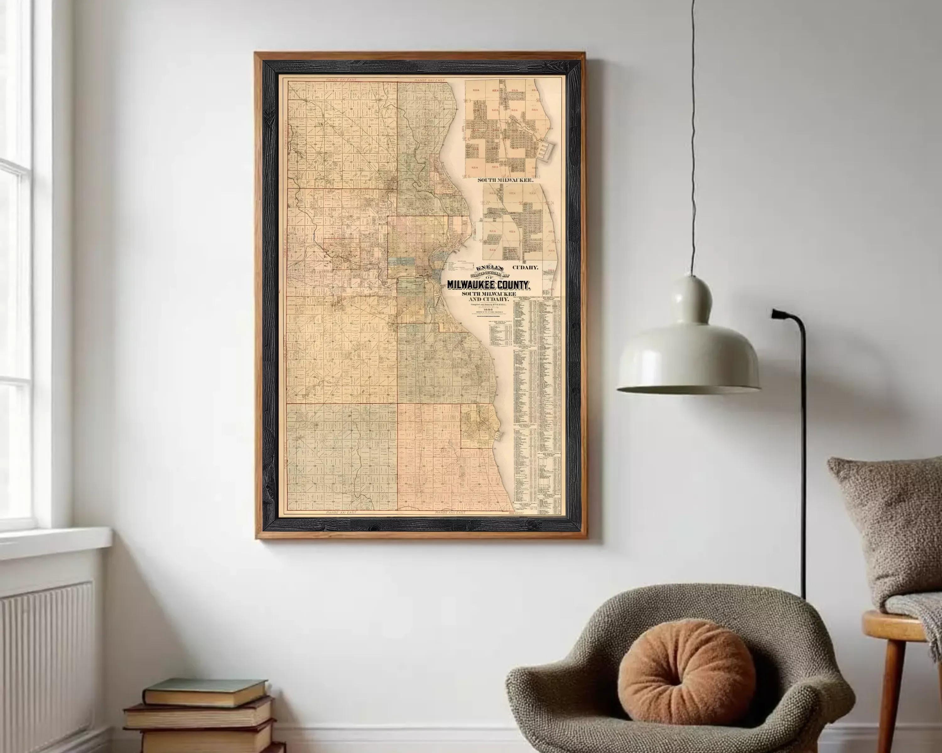 The image is a framed map of the town of Manuluck, Wisconsin, dated 1873.