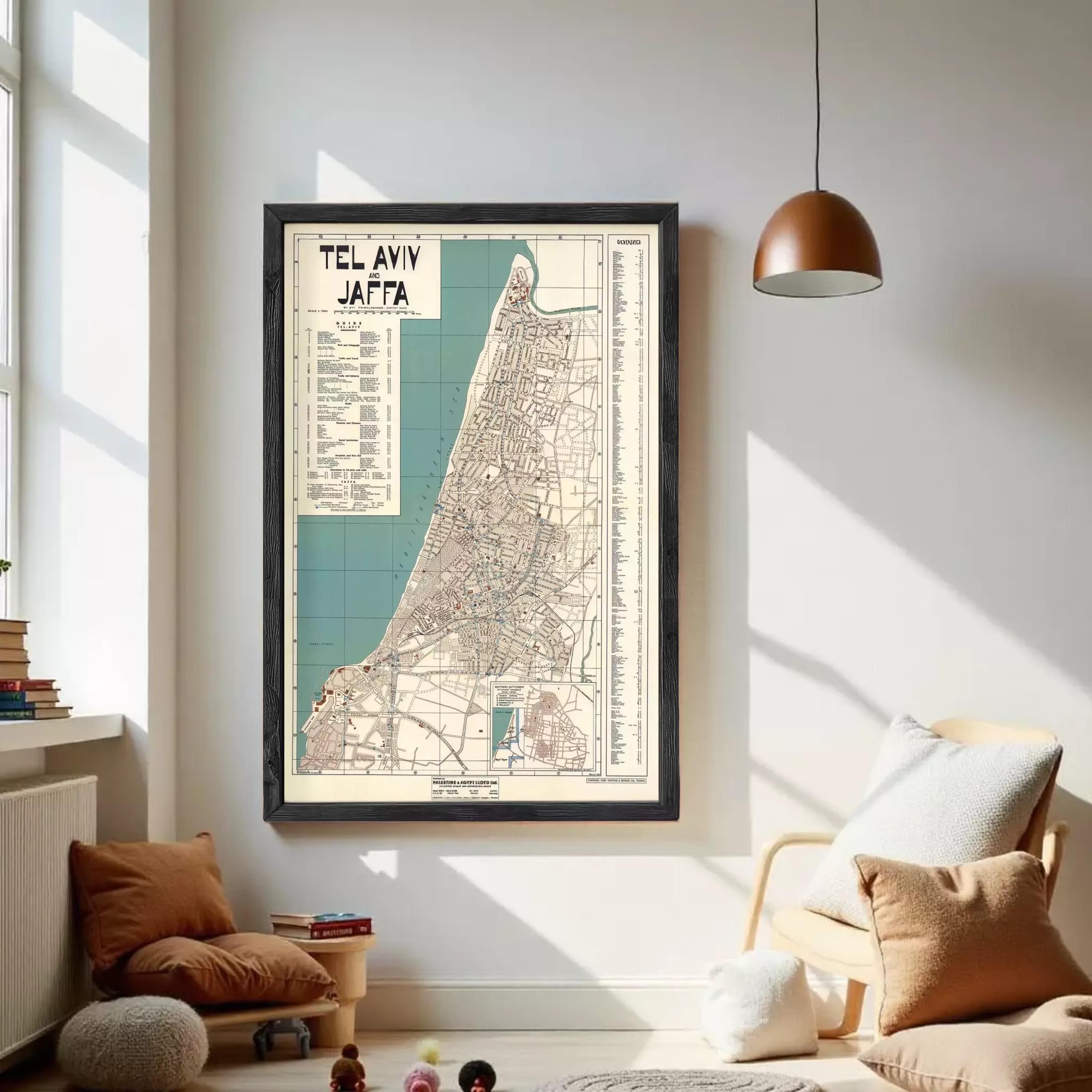 The image is a framed map of Tel Aviv, Jaffa, Israel, showing the city's streets, landmarks, and surrounding areas.