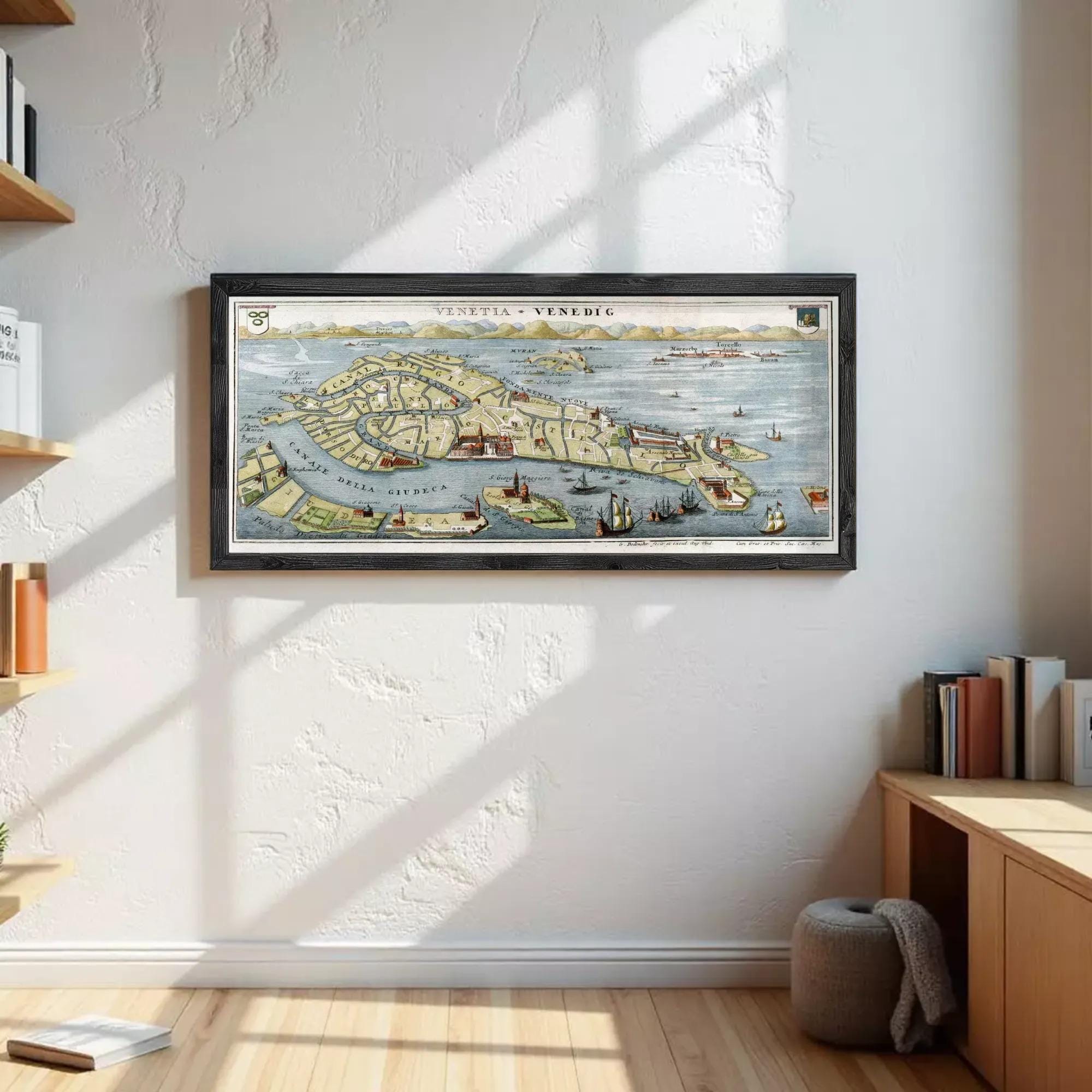 The image is a framed map of Venice, Italy, depicting the city's layout and surrounding areas.