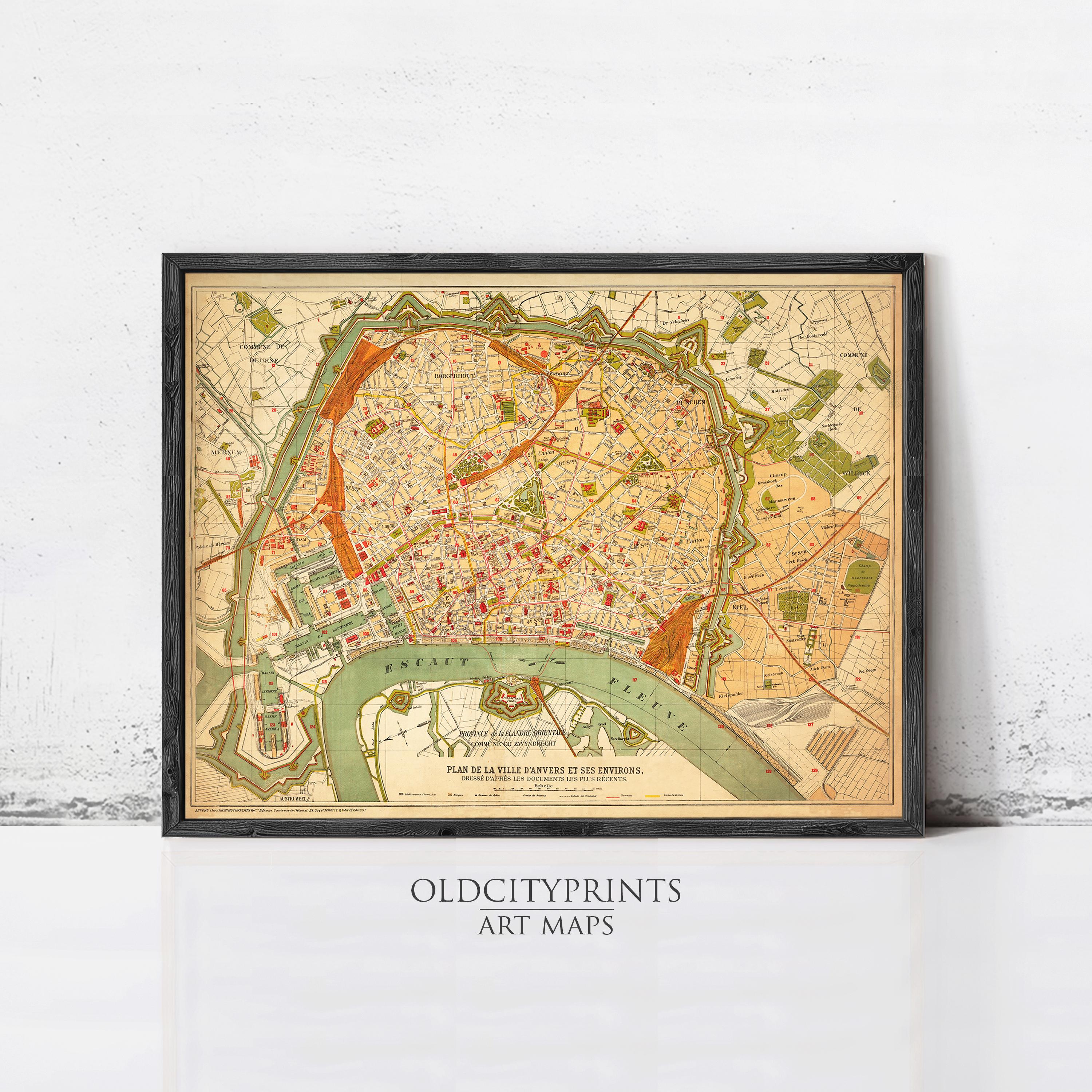 The image is a framed vintage map of Paris, France, depicting the city's streets, landmarks, and surrounding areas.