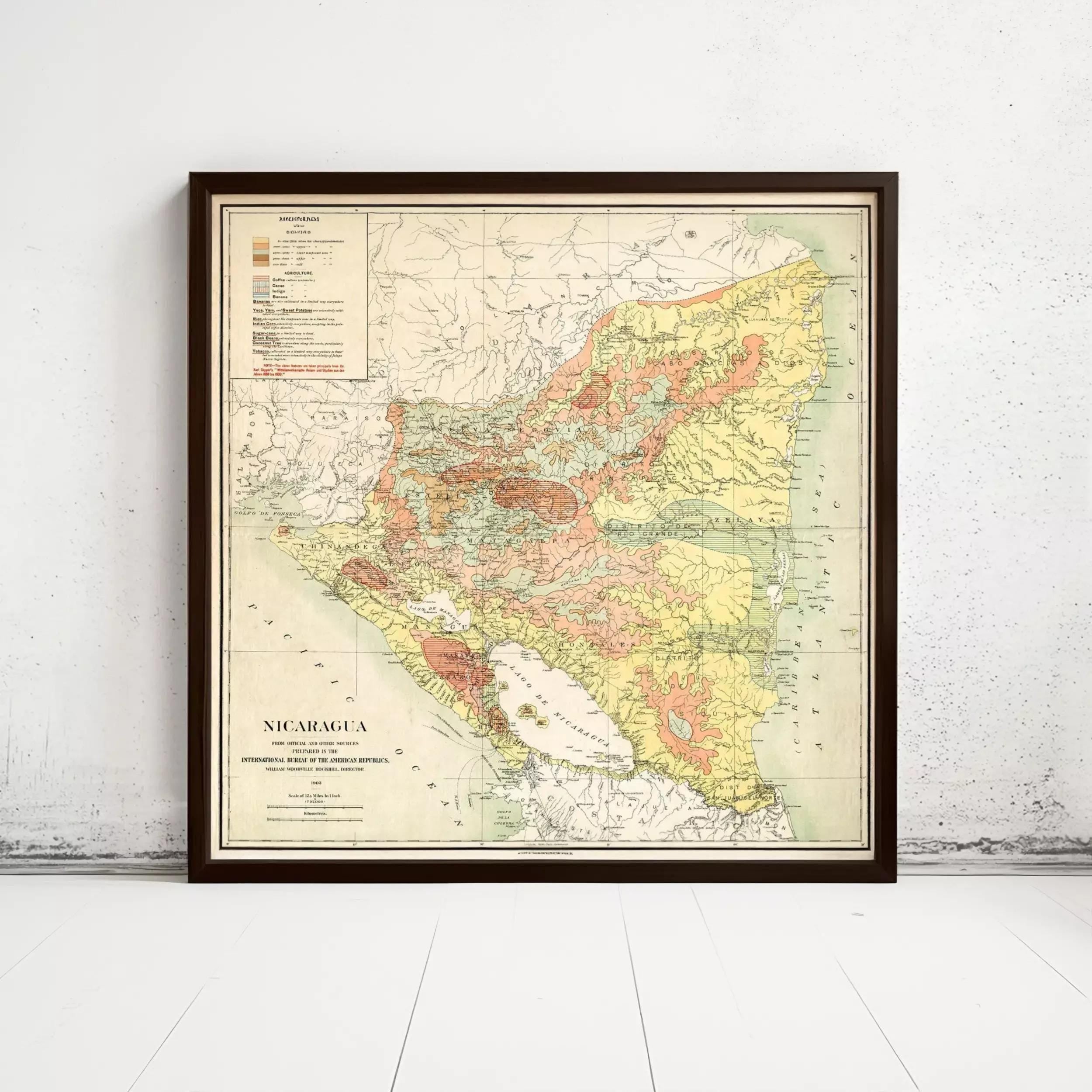 The image is a framed vintage map of Nicaragua, showing the country's geographical layout and boundaries.