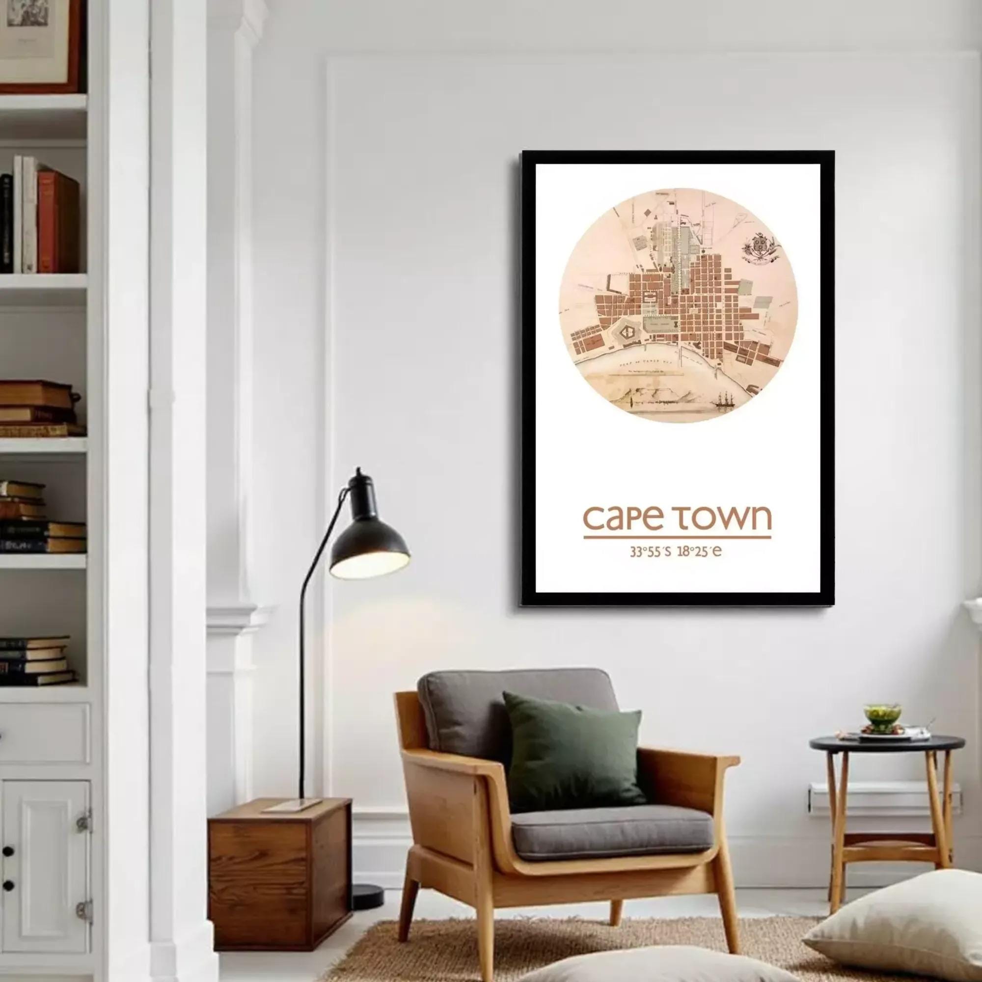 The image is a framed poster depicting a map of Cape Town, South Africa, with the city's location and surrounding areas clearly marked.