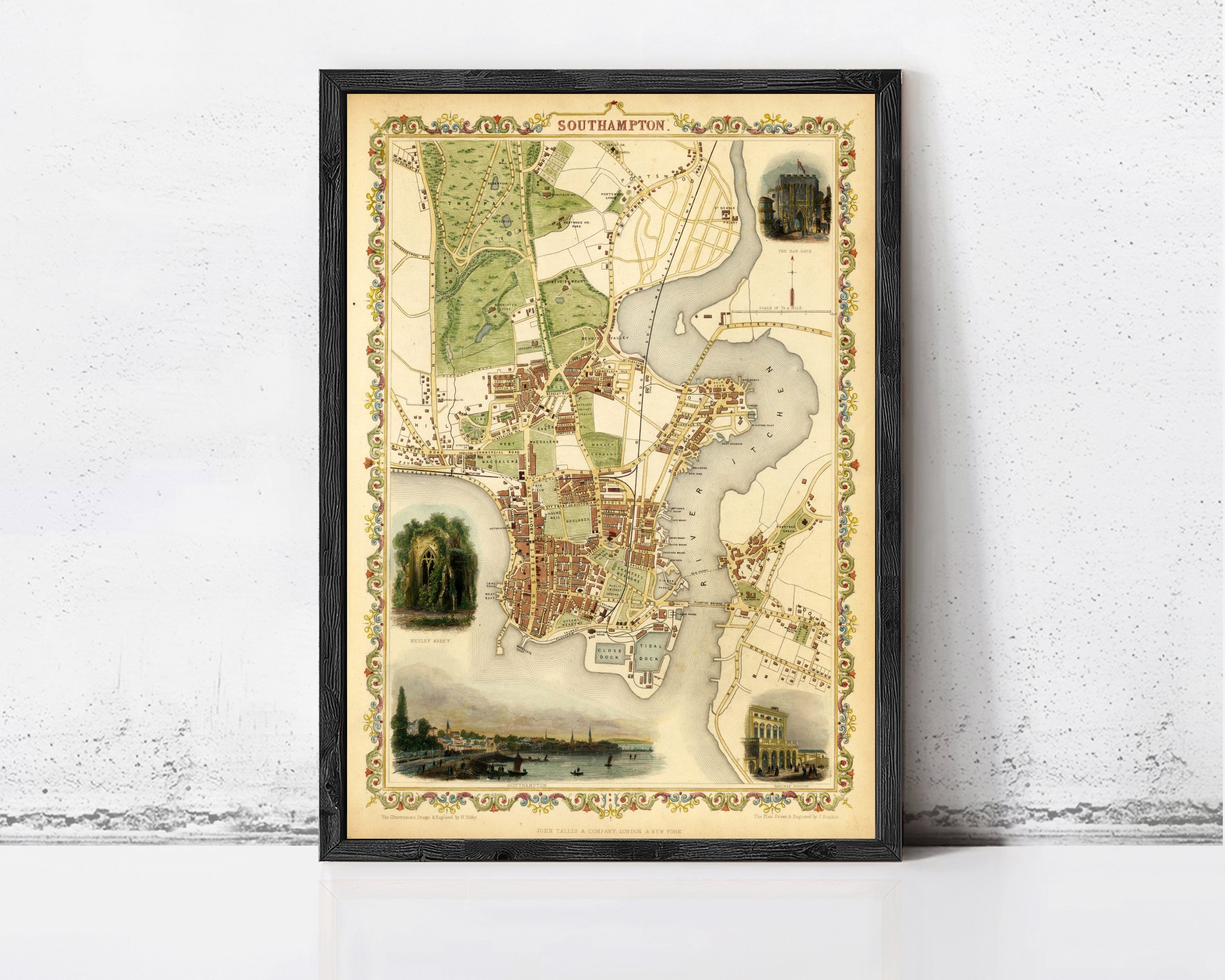 The image is a framed vintage map of the city of London, England, with various landmarks and streets depicted.