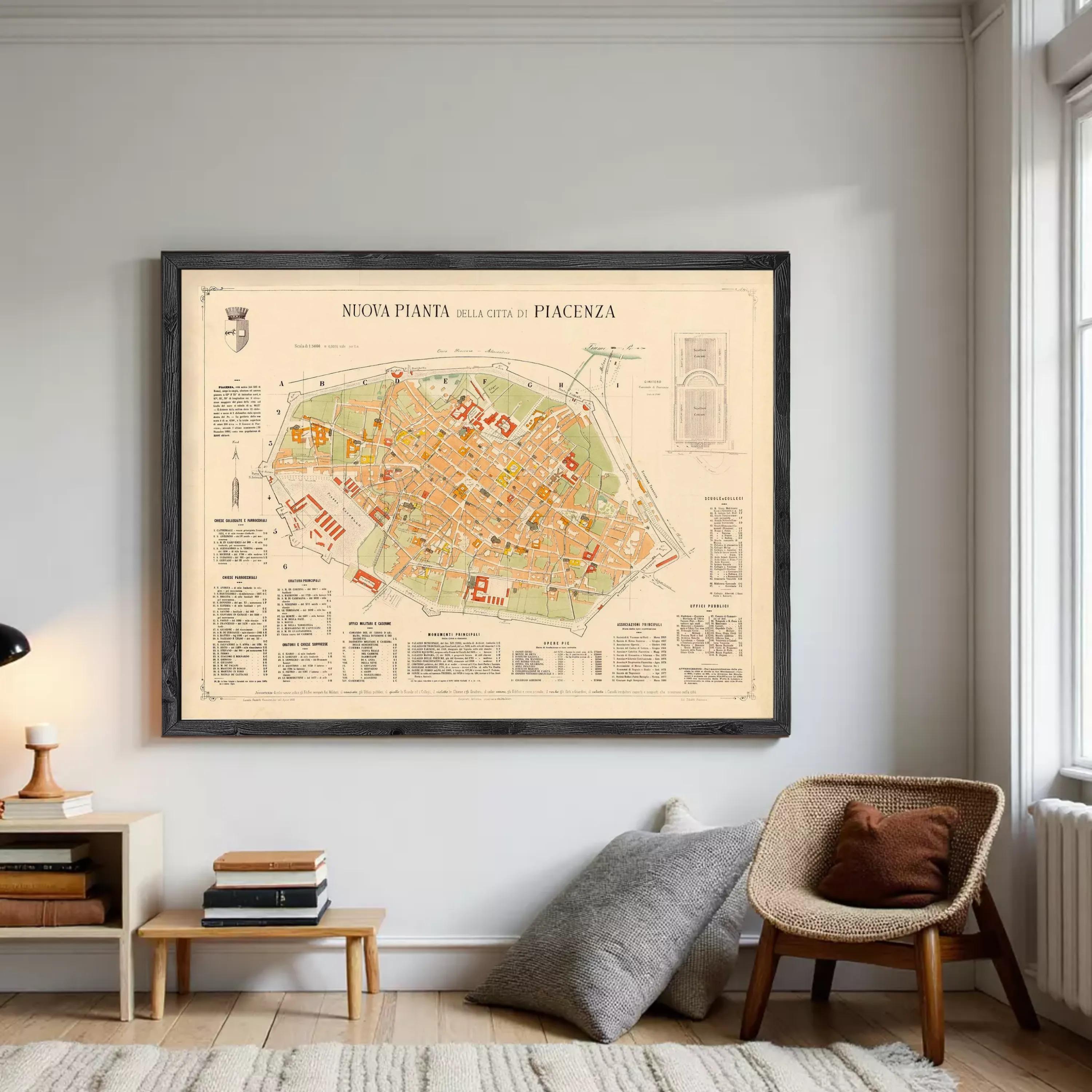 The image is a framed map of the city of Peacenza, Italy, depicting the layout and various landmarks within the city.