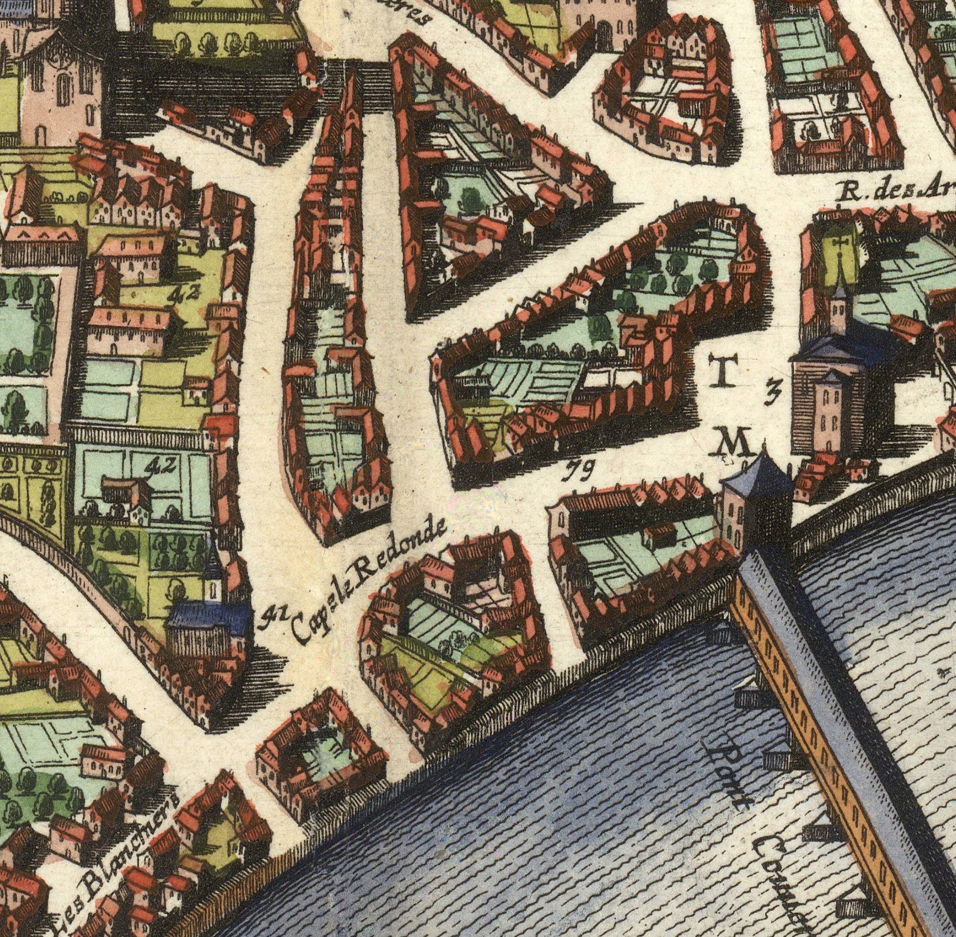 The image is a detailed map of a city, showing streets, buildings, and a body of water.