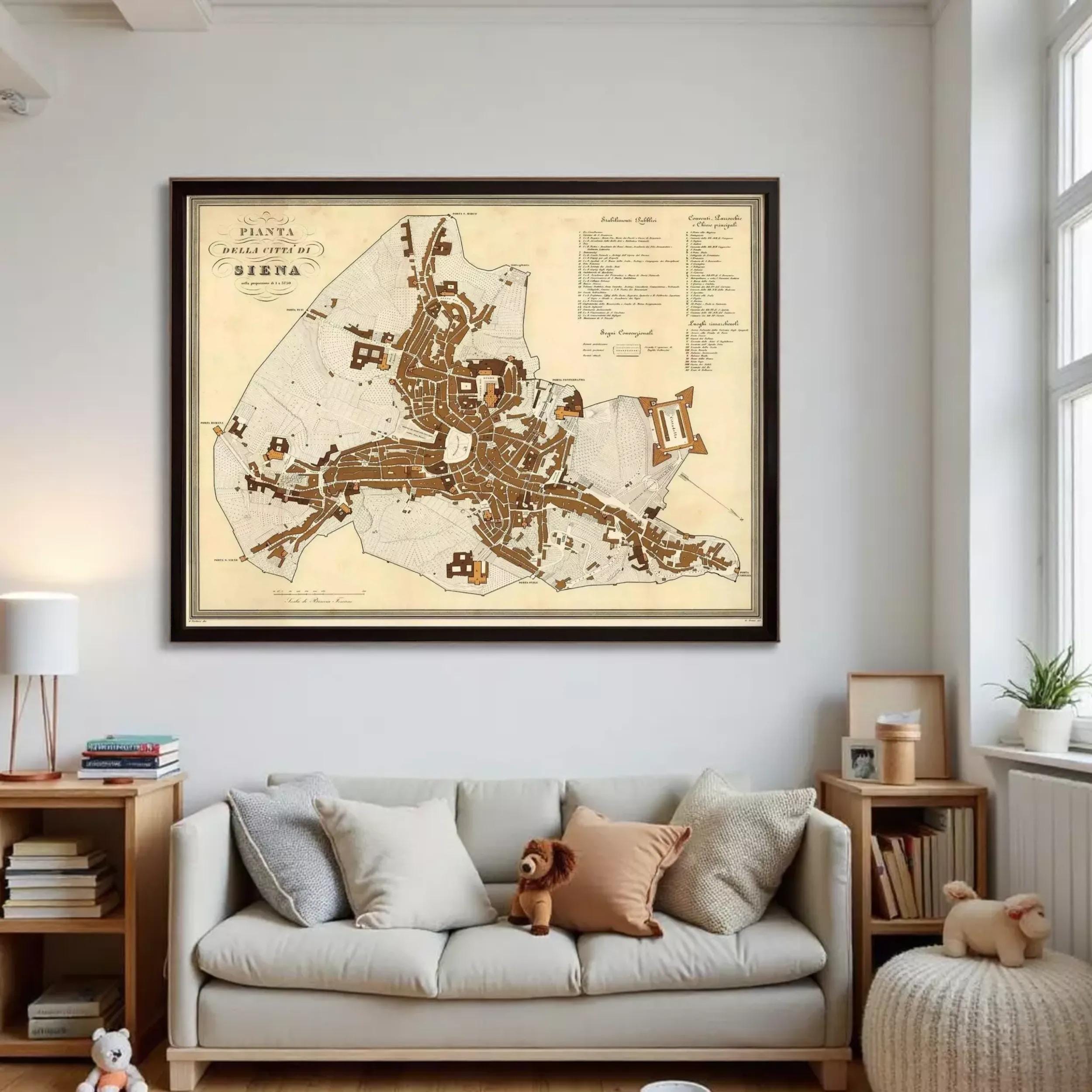 The image is a framed map of the city of Siena, Italy, depicting the layout and streets of the city.