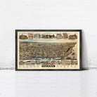 The image is a framed vintage map of Tacoma, Washington, depicting various buildings and landmarks across the city.