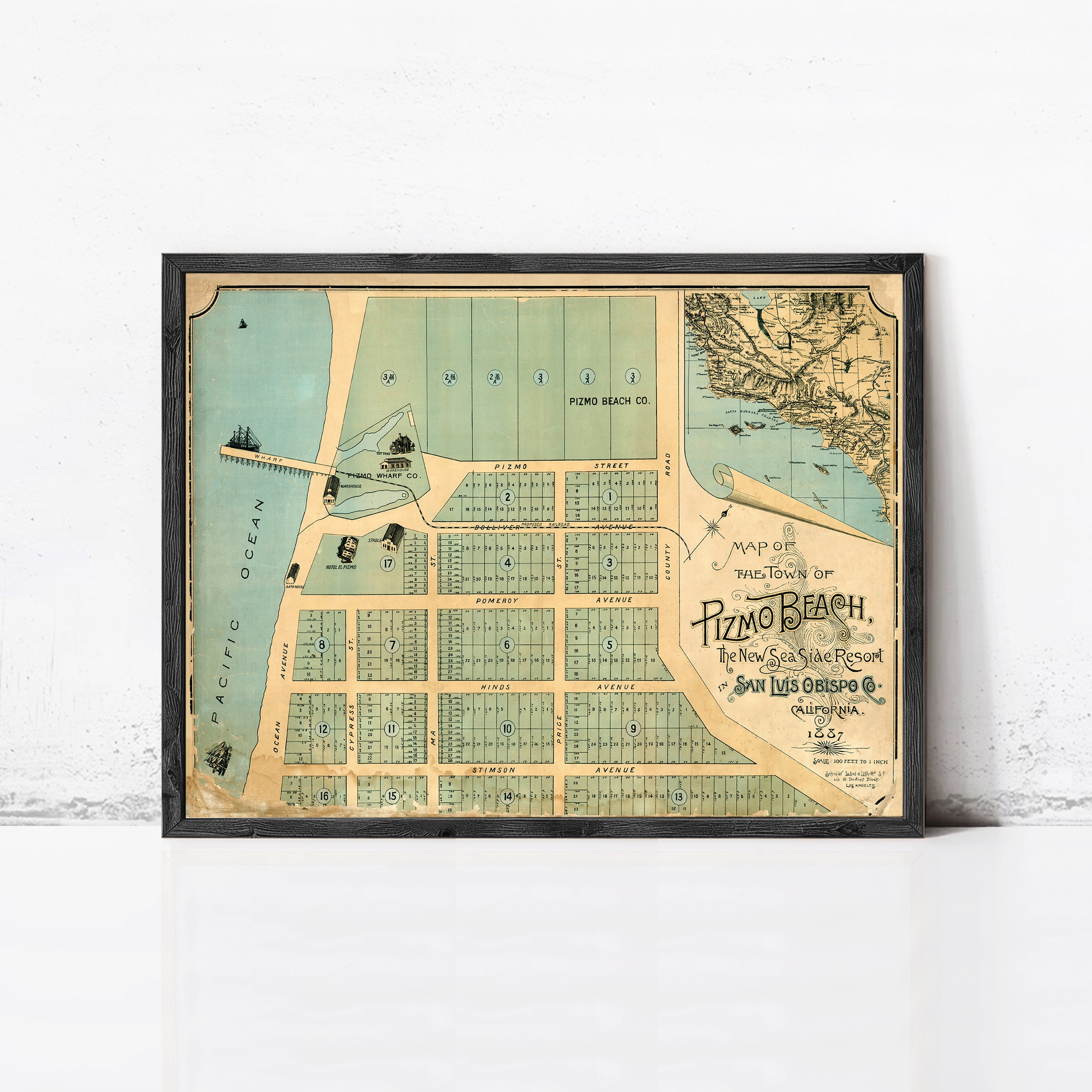 The image is a framed vintage map of the San Francisco Bay area, depicting the PIZMO Beach neighborhood.