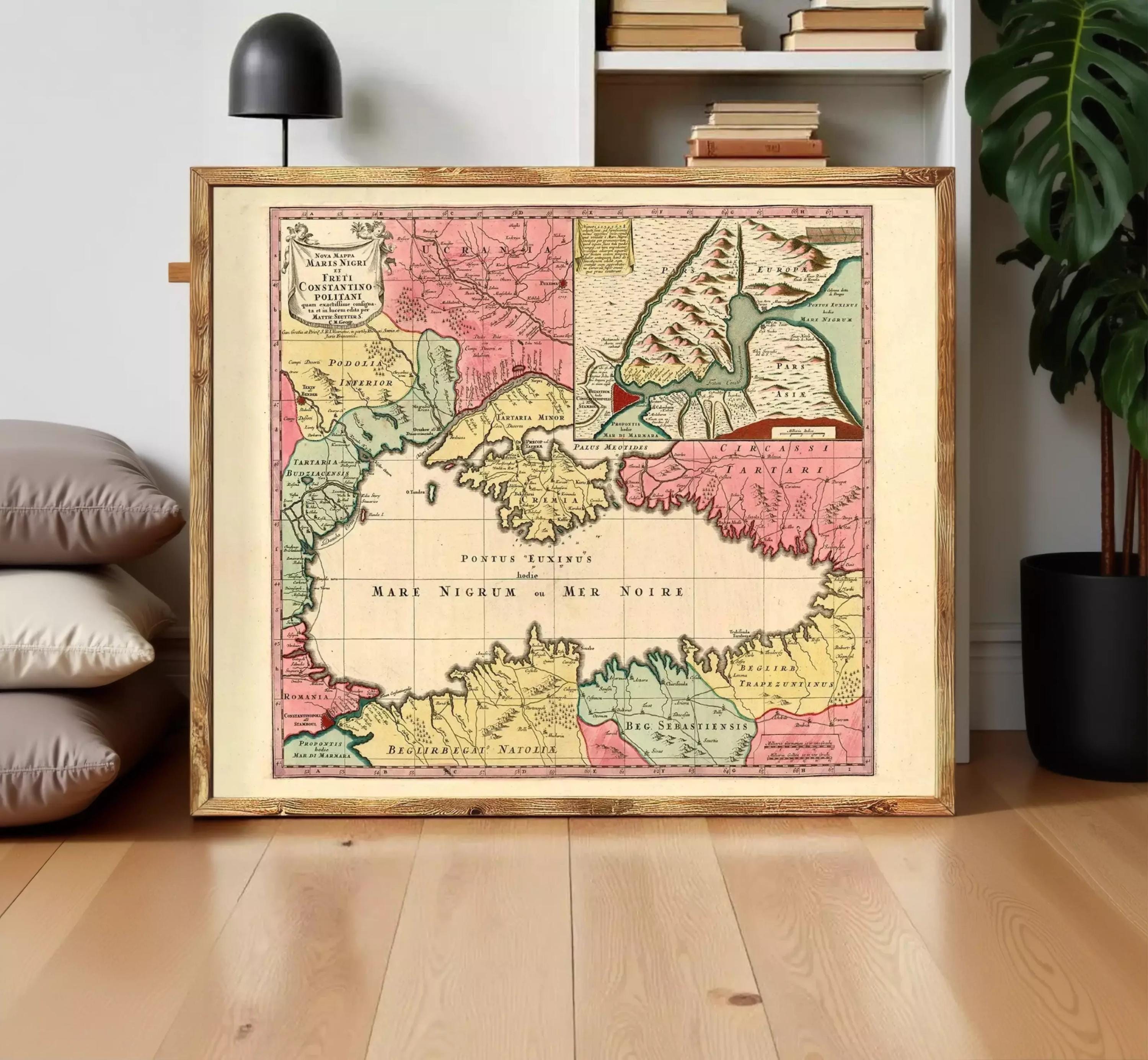 The image is a framed vintage map of the Mediterranean region, depicting various countries and geographical features.