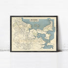 The image is a framed map of the city of Boston, Massachusetts, depicting the streets, landmarks, and surrounding areas.