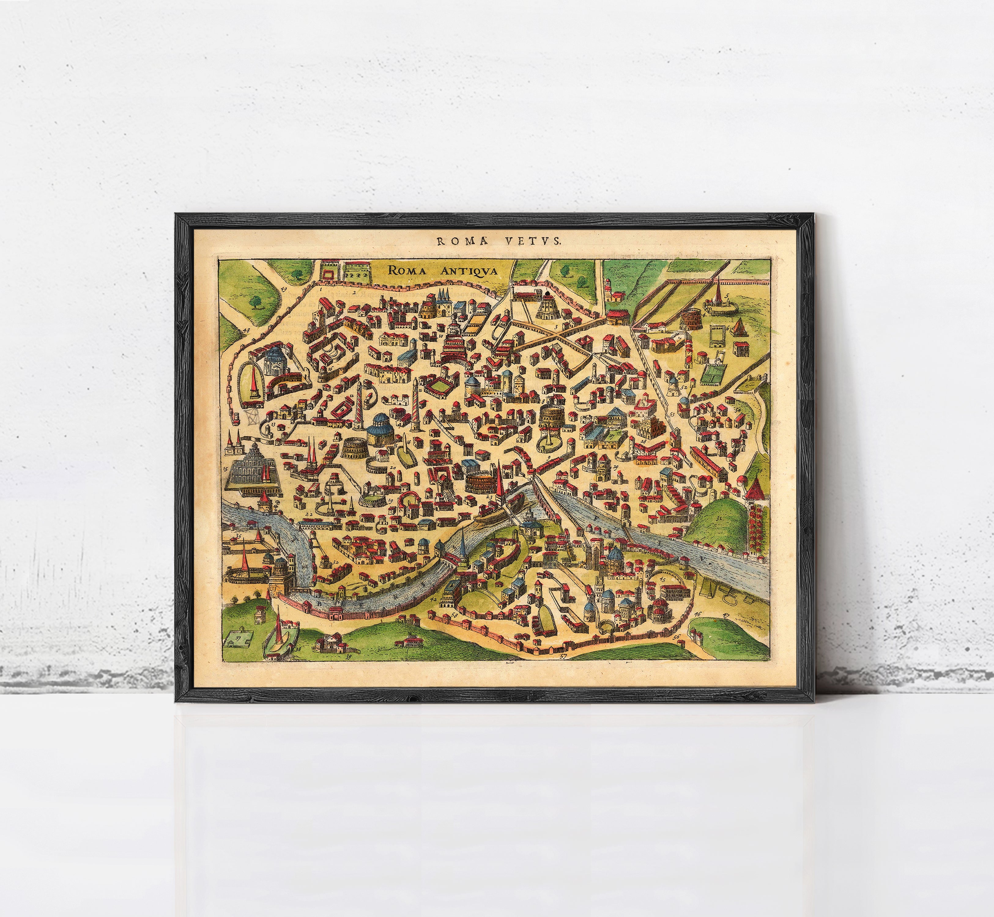 The image is a framed vintage map of Rome, Italy, depicting the city's layout and surrounding areas.