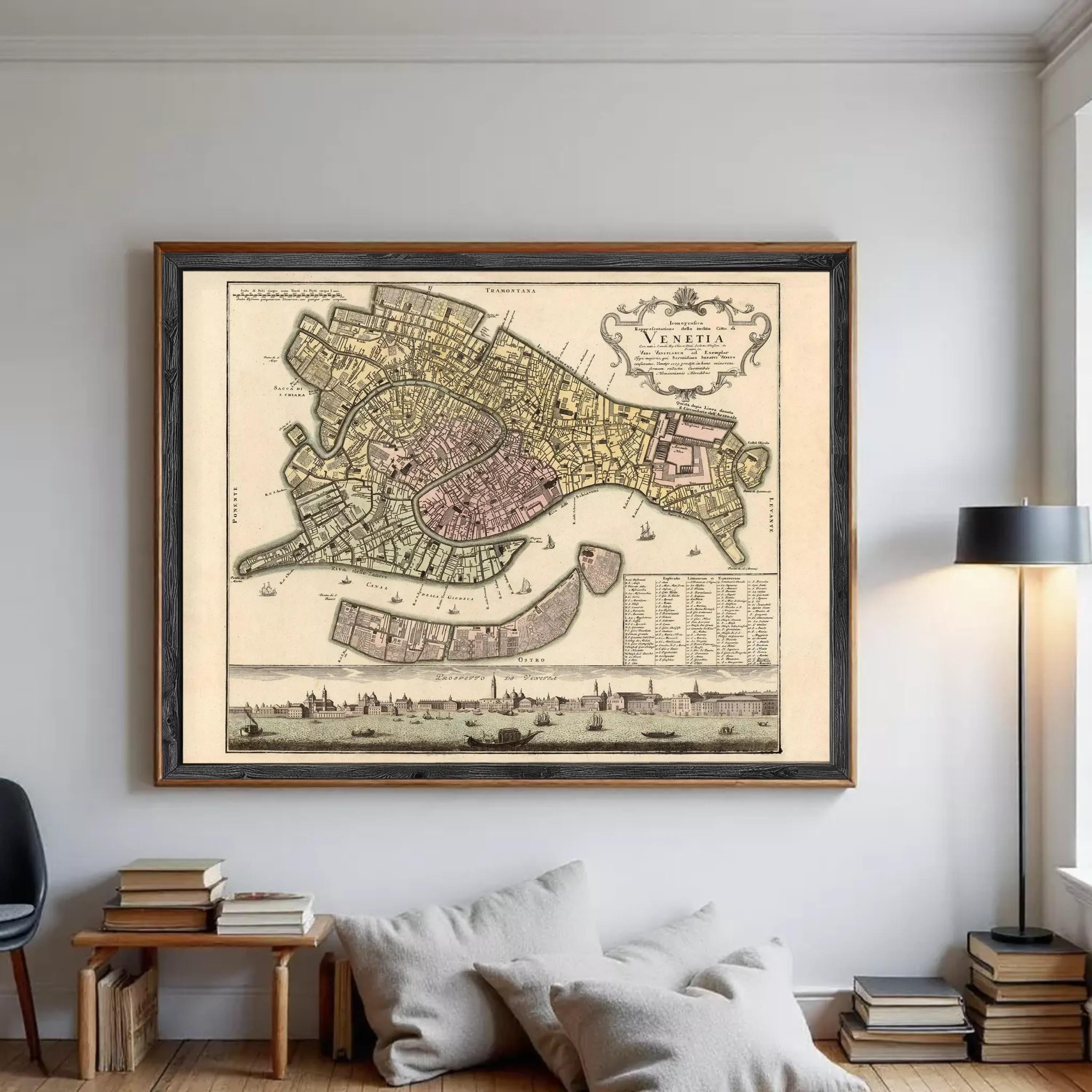 The image is a framed vintage map of Venice, Italy, depicting the city's layout and surrounding areas.