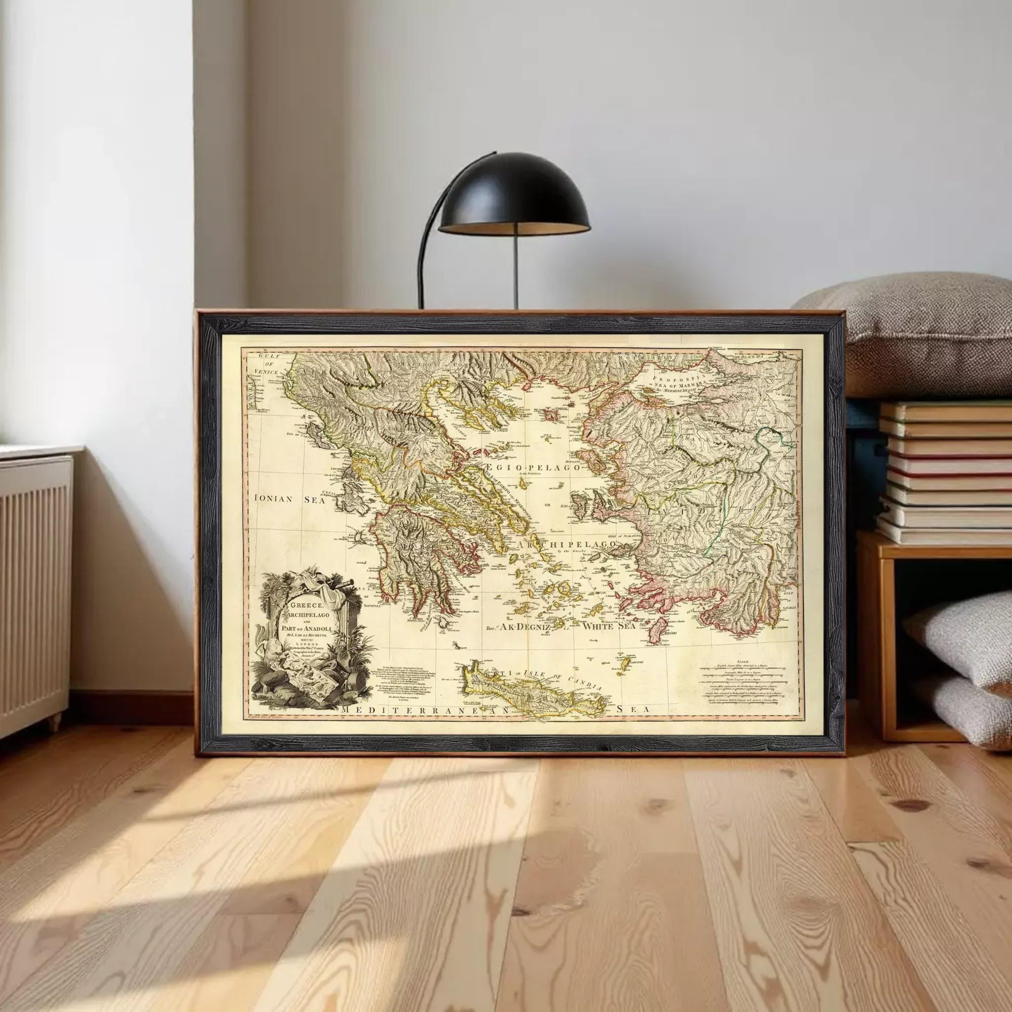 The image is a framed antique map of the Mediterranean region, depicting the Ionian Sea and the Greek islands.