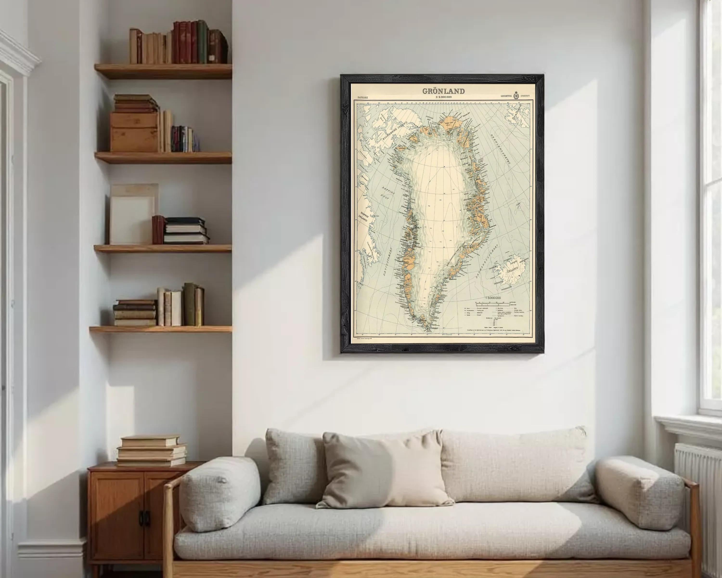 The image is a framed map of Greenland, depicting the country and surrounding areas in a vintage style.