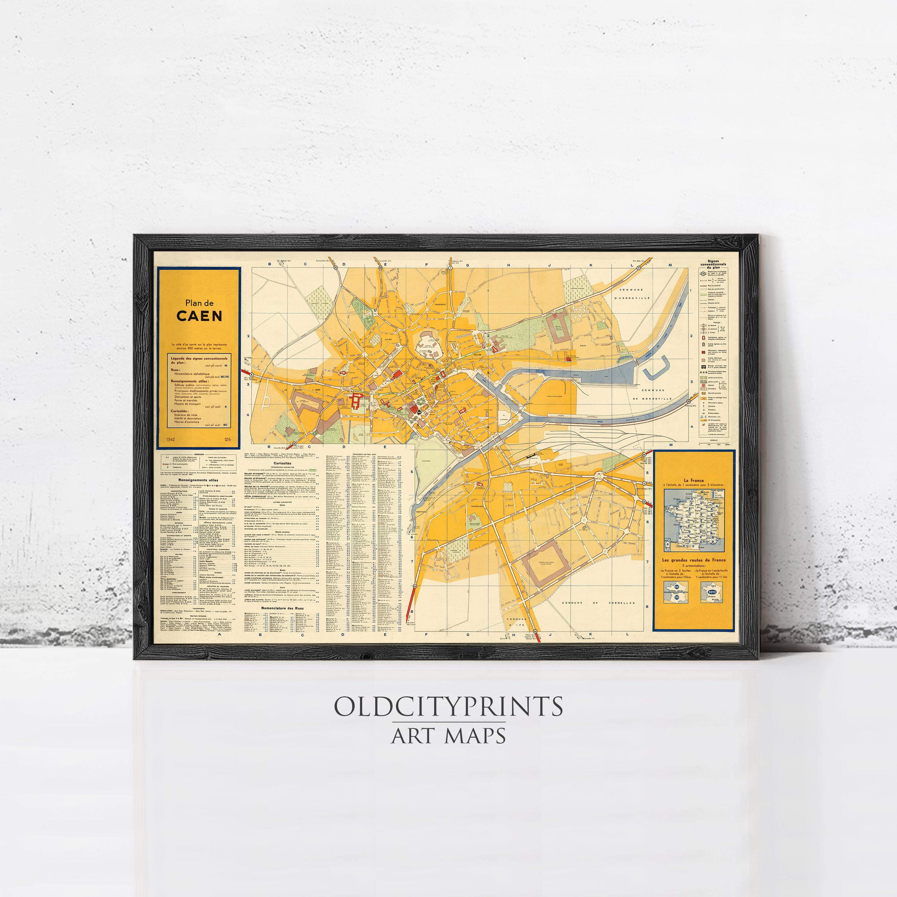 The image is a framed art map of a city, with a yellow and black color scheme.